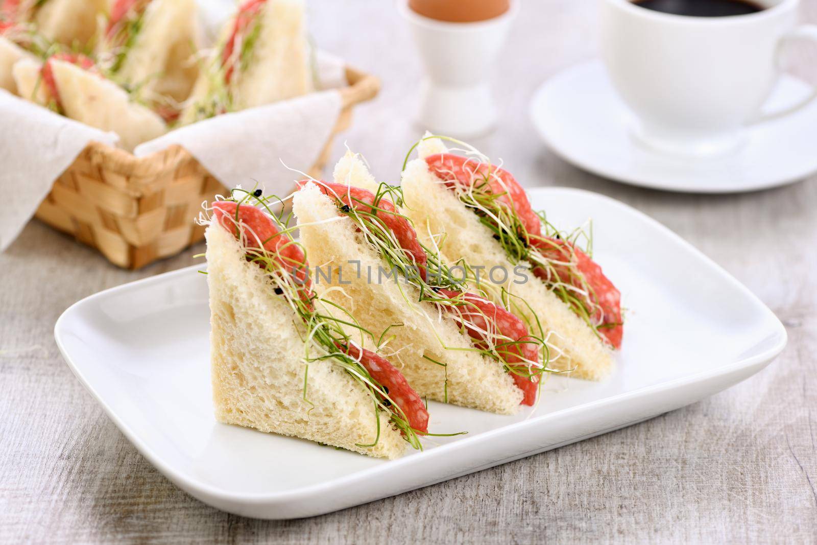 Wheat toast sandwich with cream cheese with microgreen alfalfa sprouts and salami. Healthy and fresh food.