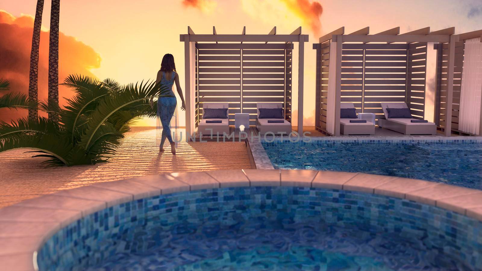 Young girl admiring the sunset near the hotel swimming pool at the beach - 3d rendering