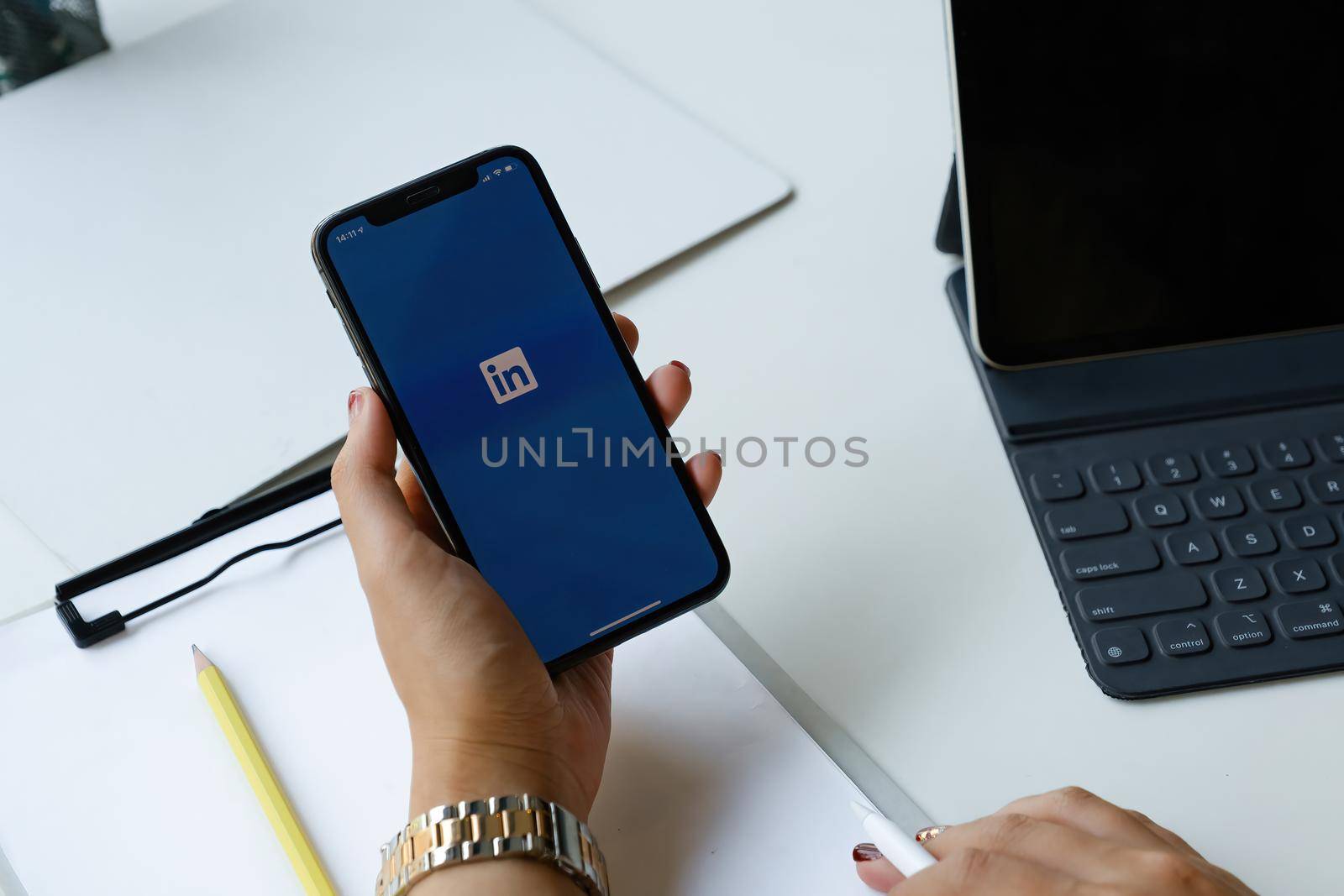 CHIANG MAI, THAILAND: APR 17, 2021 : LinkedIn logo on phone screen. LinkedIn is a social network for search and establishment of business contacts. It is founded in 2002