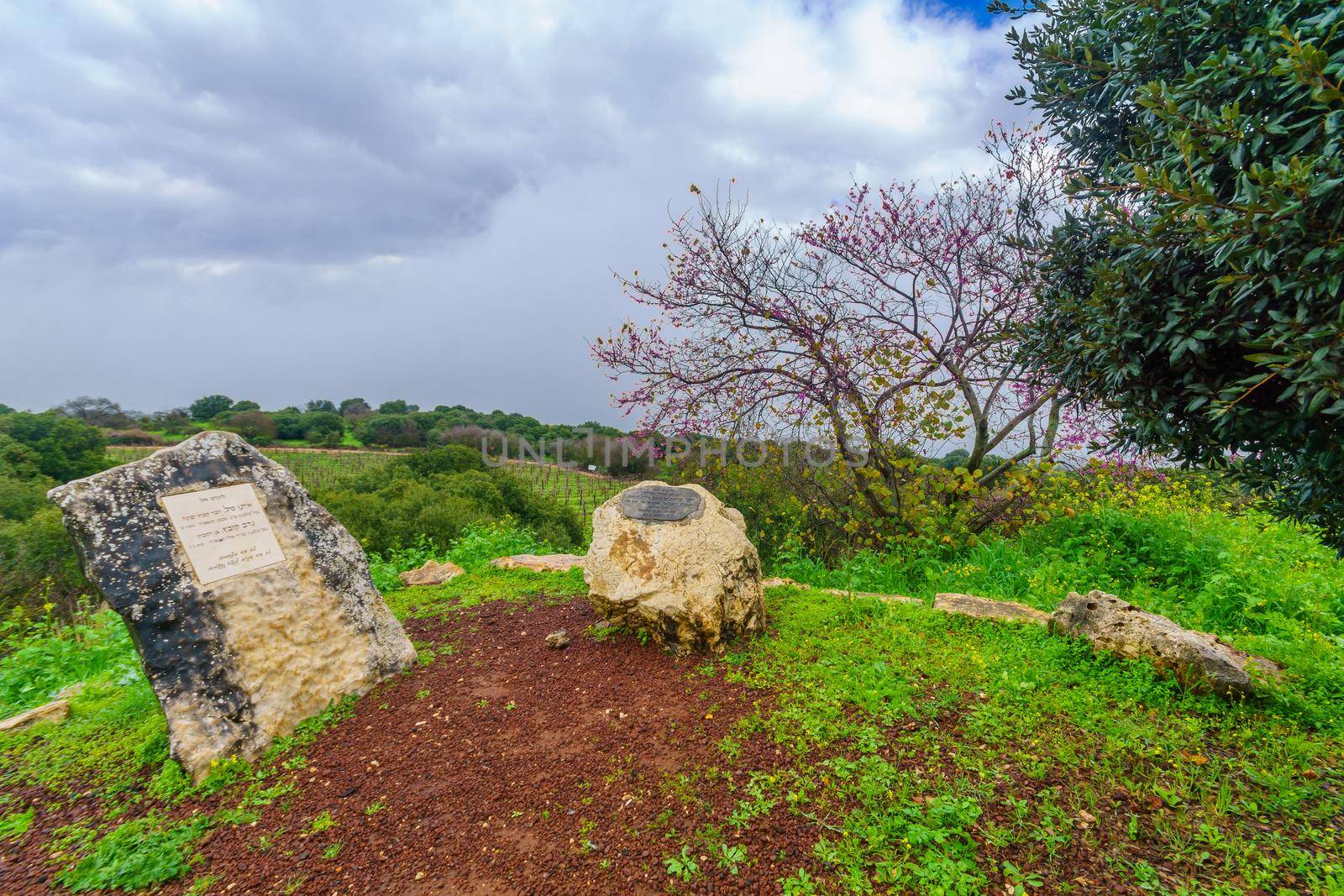 Yiftakh, Israel - February 18, 2021: View of the Yiftakh observation point, with memorial signs and countryside, Upper Galilee, Northern Israel