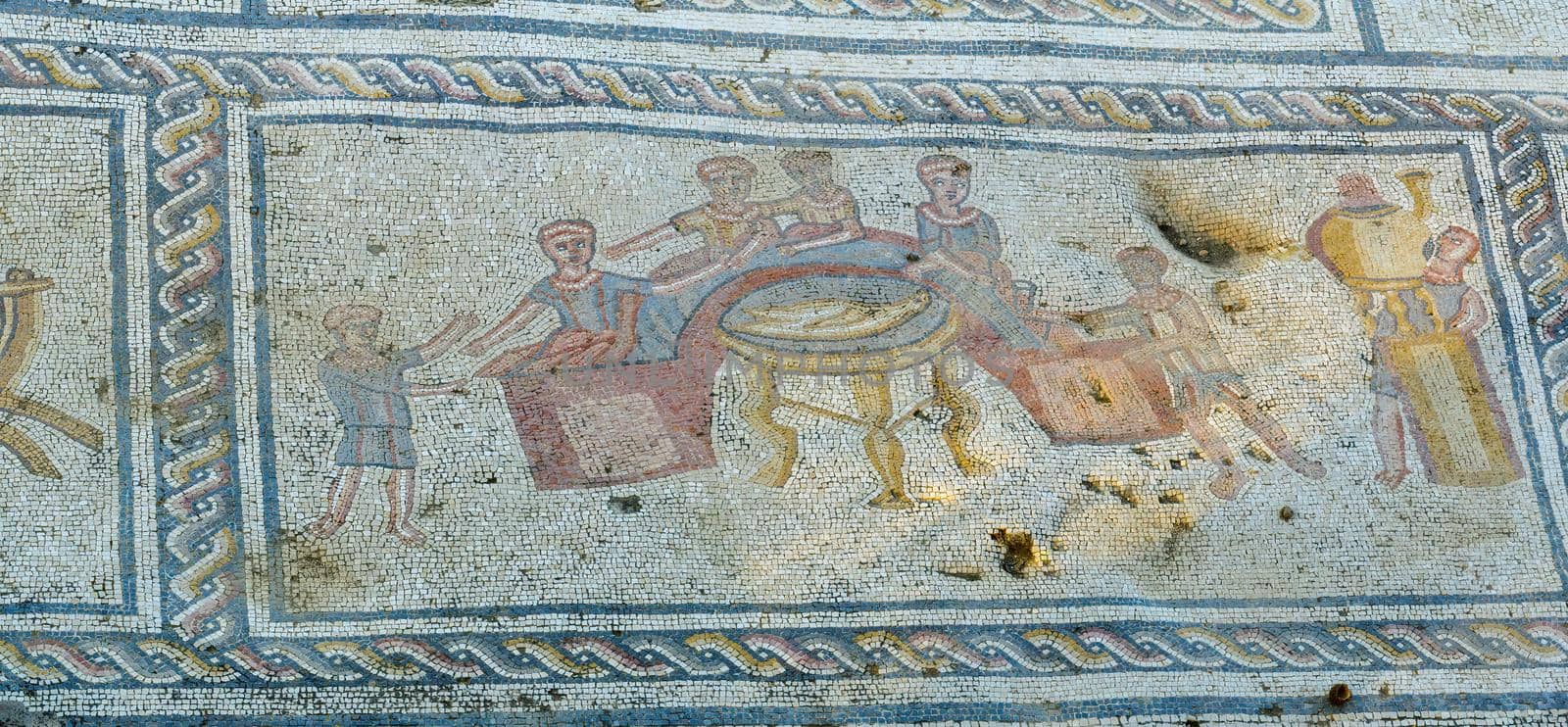 Tzipori, Israel - March 29, 2021: View of a Roman era mosaic floor of a public house, in Tzipori National Park, Northern Israel
