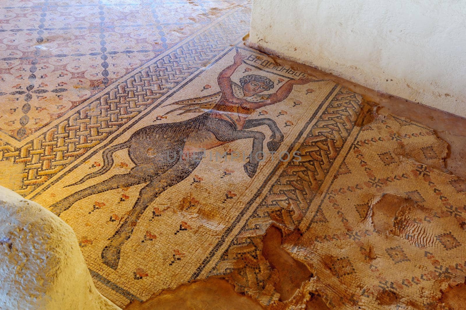 Tzipori, Israel - March 29, 2021: View of a Roman era mosaic floor with a centaur figure, in the Nile house, Tzipori National Park, Northern Israel
