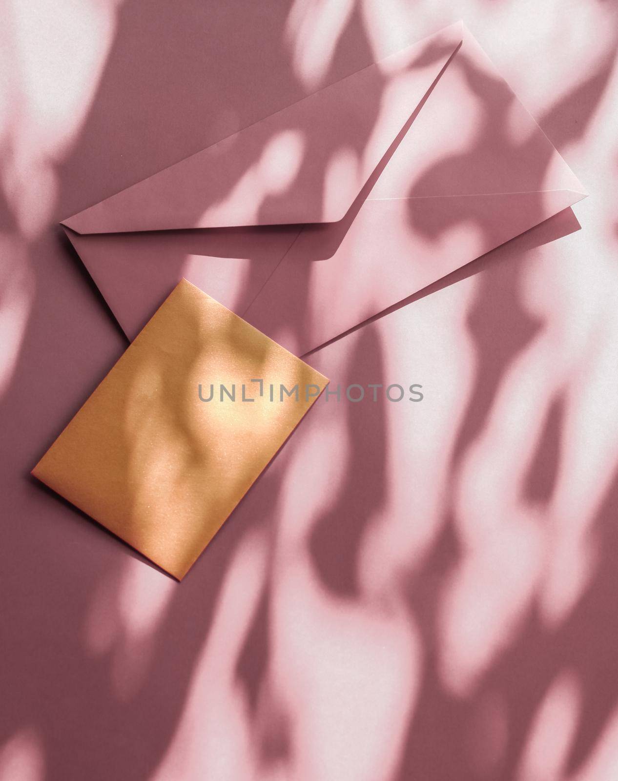 Holiday marketing, business kit and email newsletter concept - Beauty brand identity as flatlay mockup design, business card and letter for online luxury branding on pastel shadow background