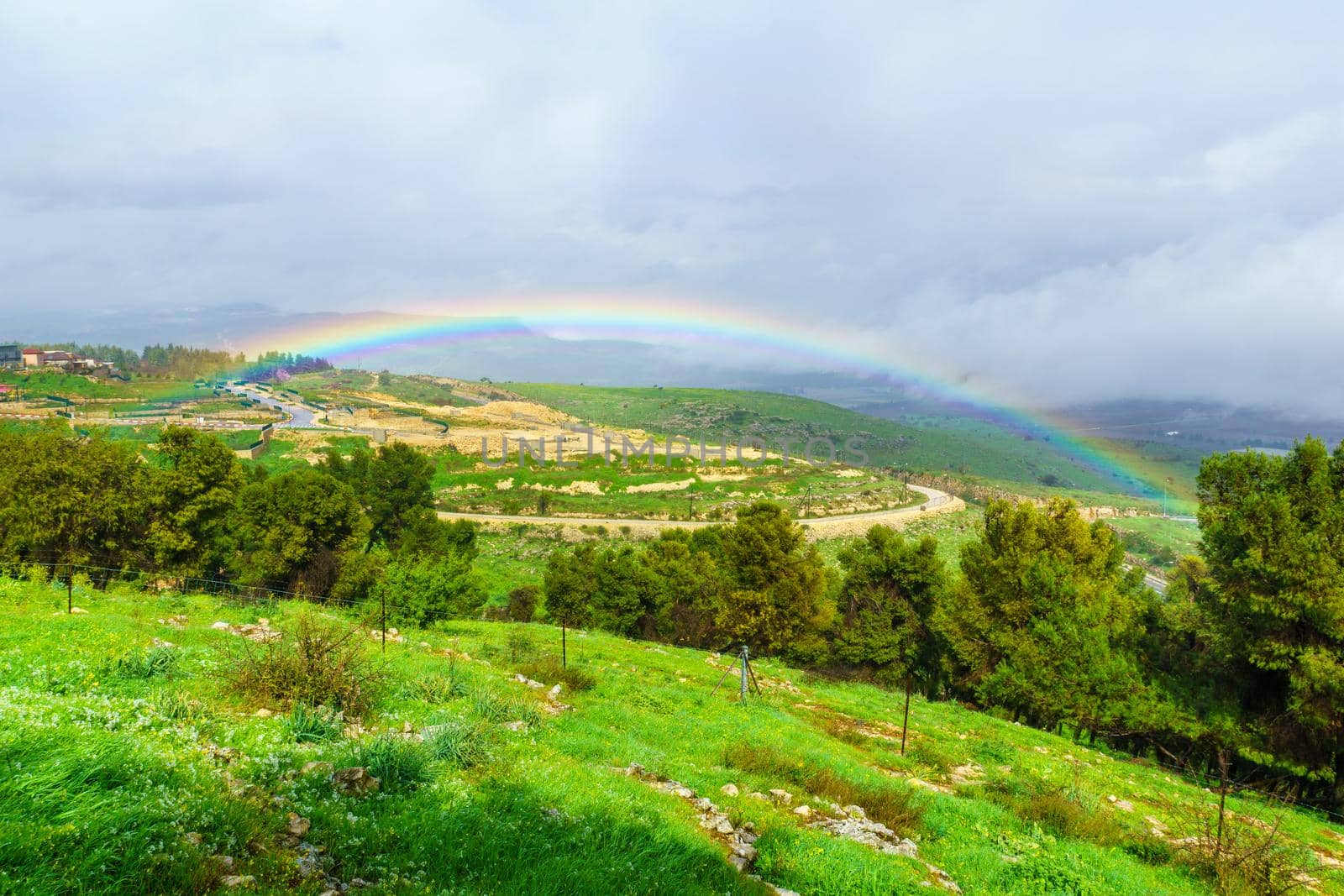 View of a rainbow in the Kedesh valley, Upper Galilee, Northern Israel