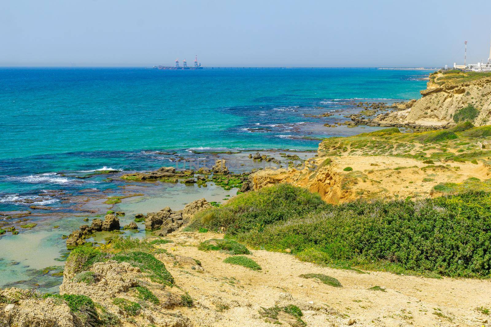 View of the beach and sandstone cliffs in Gedor Sea Reserve, Hadera, Northern Israel