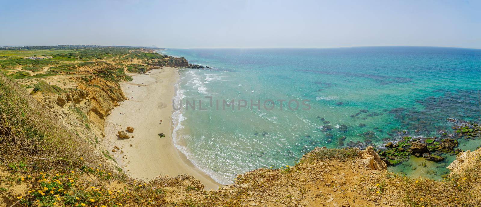 Panoramic view of the beach and sandstone cliffs in Gedor Sea Reserve, Hadera, Northern Israel