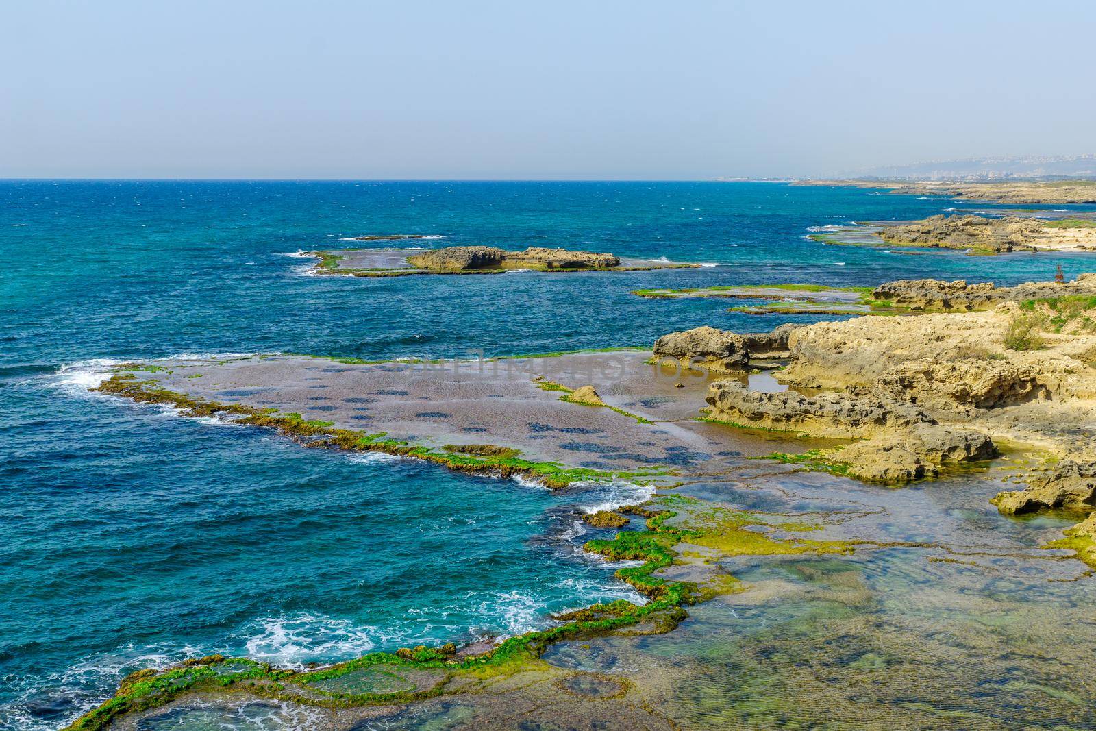 View of the beach, coves and sandstone cliffs in Dor beach, Northern Israel
