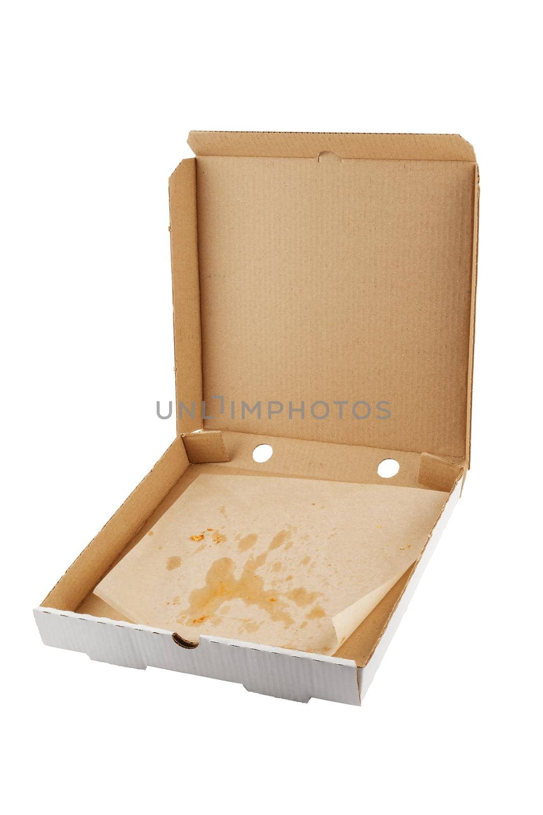 empty eaten opened pizza box isolated on white background.