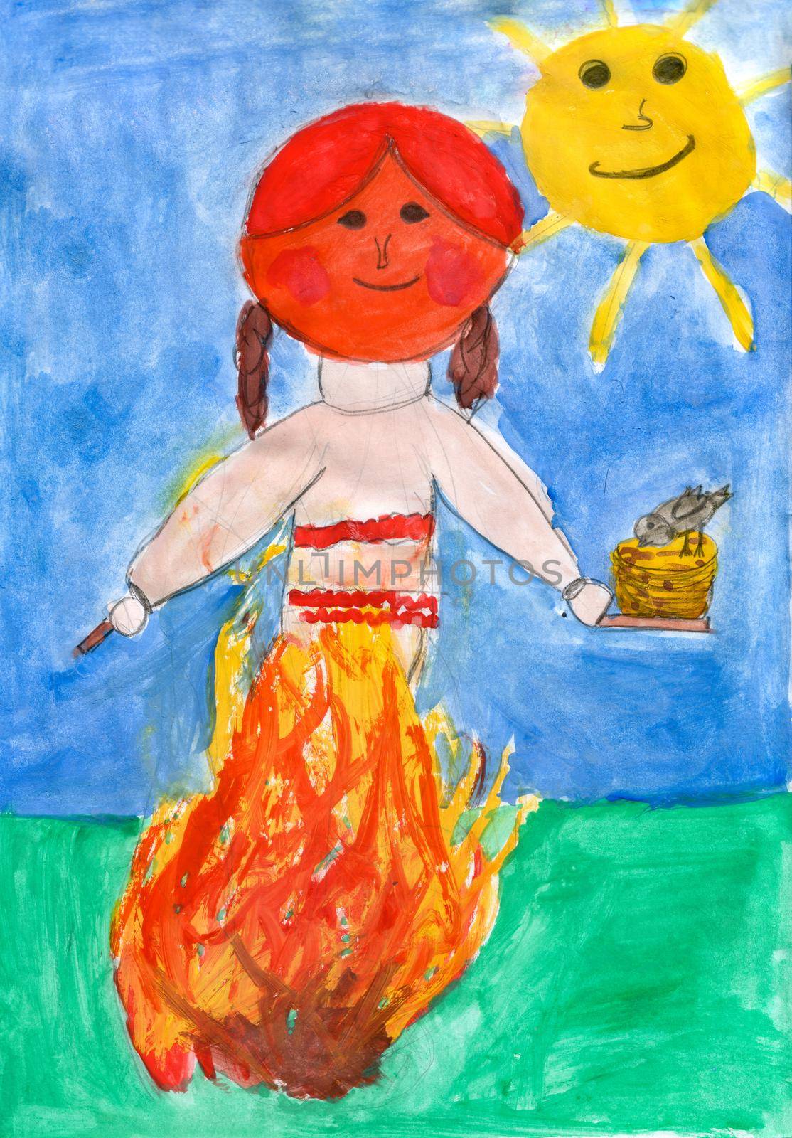 Children's drawing - burning a stuffed carnival at the celebration, in the hands of a stuffed plate with pancakes, in the background the sun