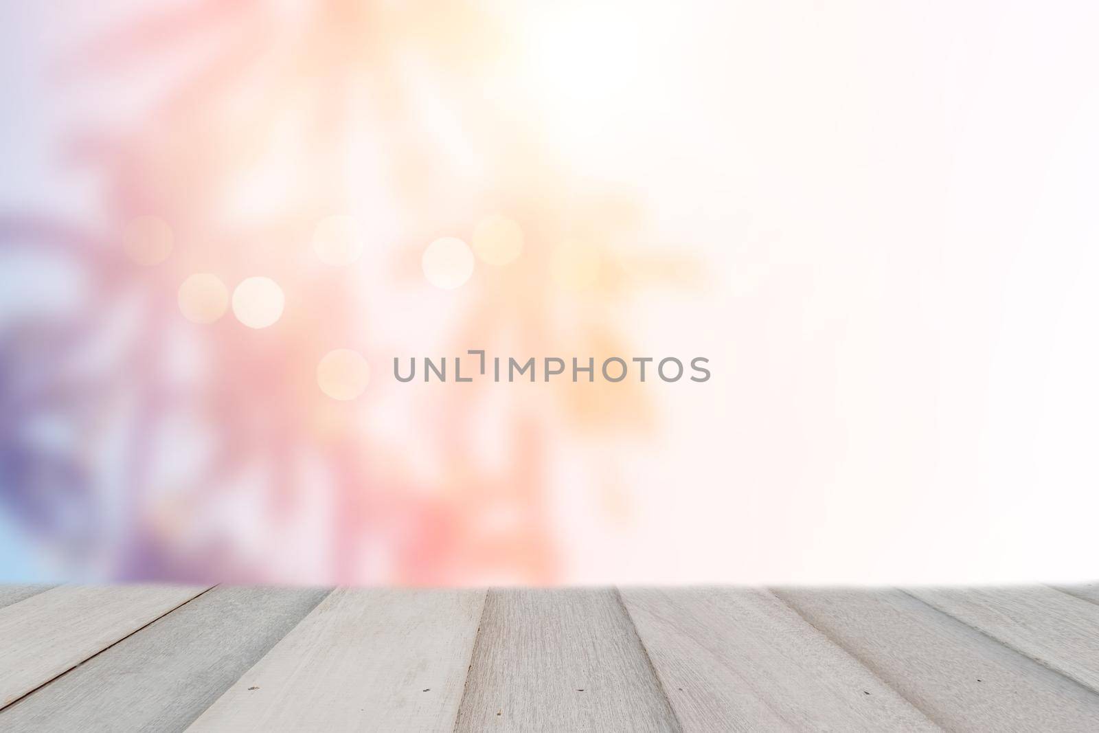 Selective focus of old wood table with blur beautiful beach background for display your product. by Suwant