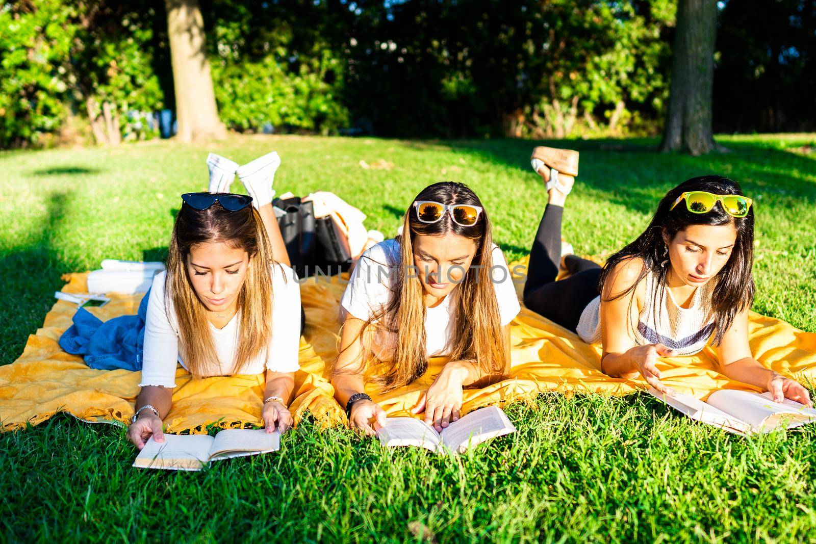 Three young women students spending time lying on meadow in city park at sunset or dawn reading book to learn university school lesson. Girl relaxing in city park enjoying preferred romance tale by robbyfontanesi