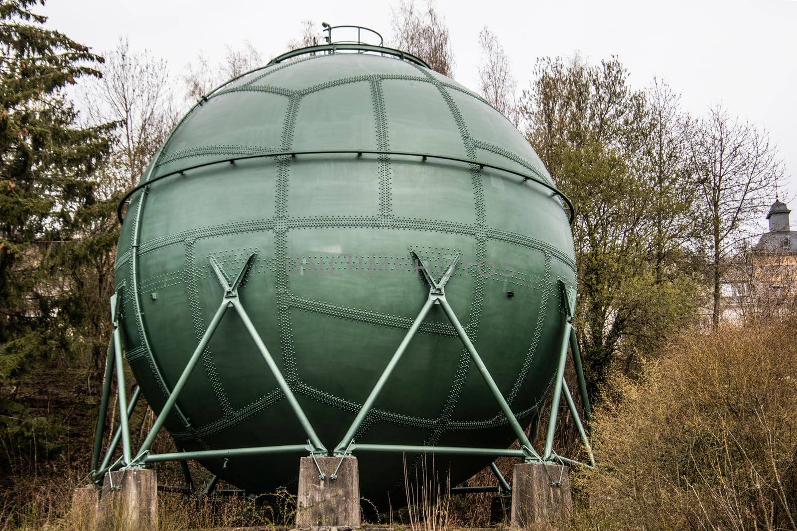 spherical antique gas tank as an industrial monument