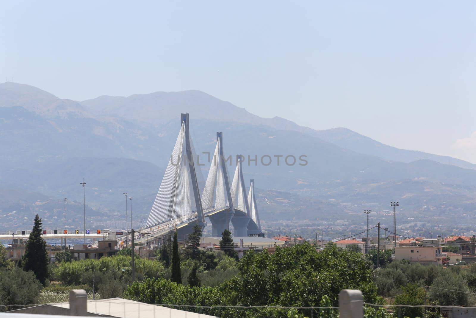 The Rio-Antirrio suspension bridge crossing Corinth Gulf in Greece