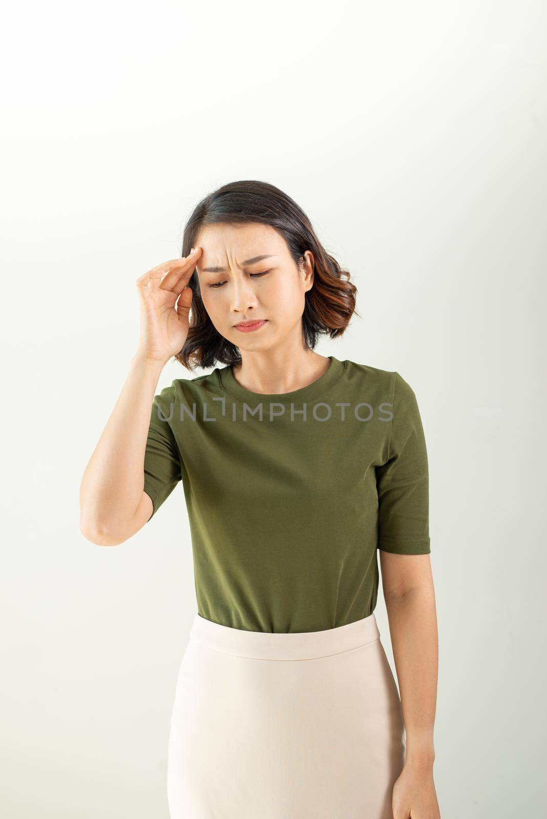 Portrait stressed sad young woman standing