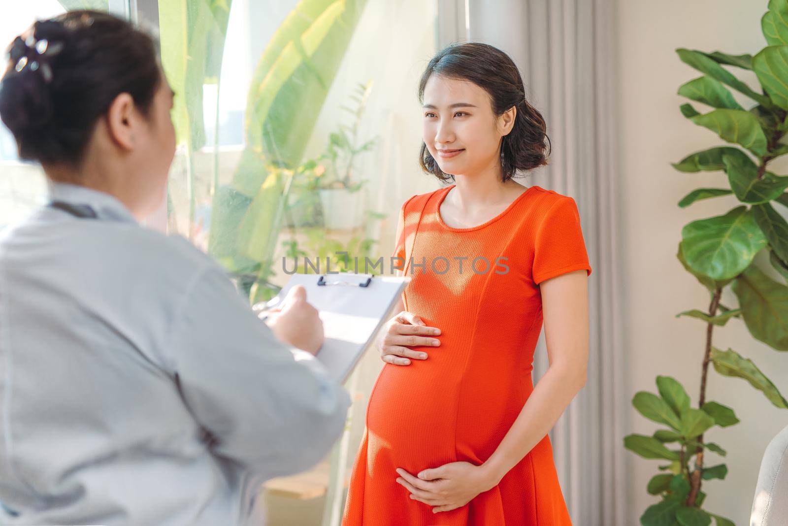 Happy pregnant woman consultation with doctor near window by makidotvn