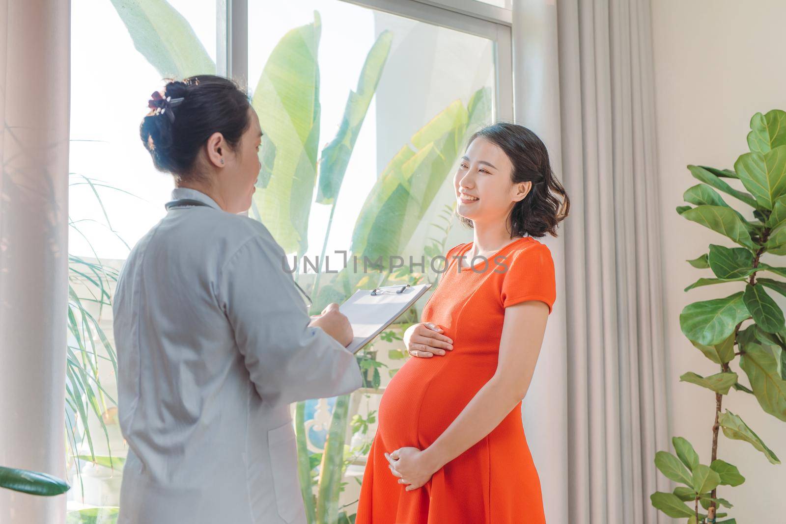 Doctor talking with pregnant woman and giving her explications isolated near window by makidotvn