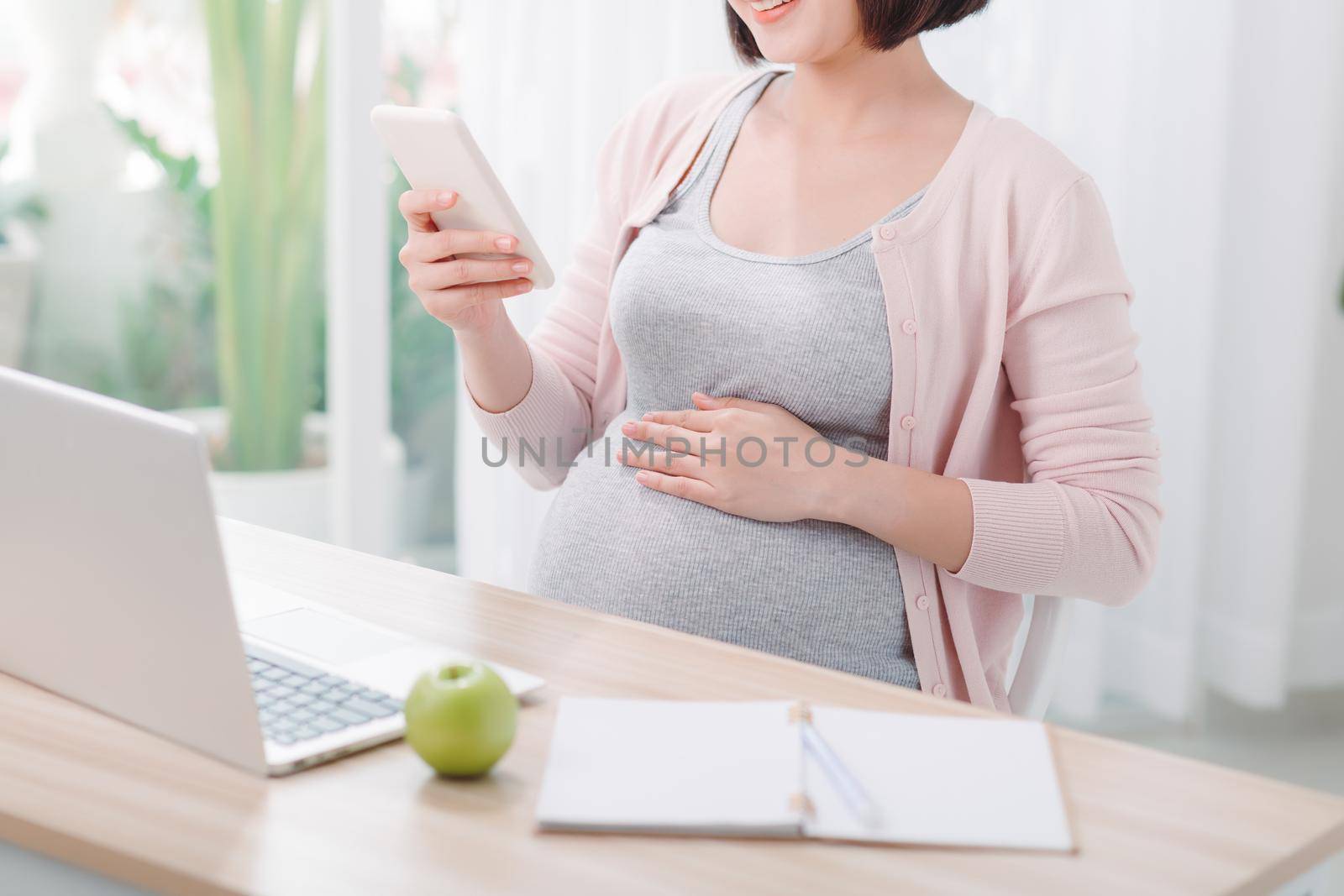 Asian Pregnant hard working, eatting and using the technology laptop together, with green apple for the breakfast