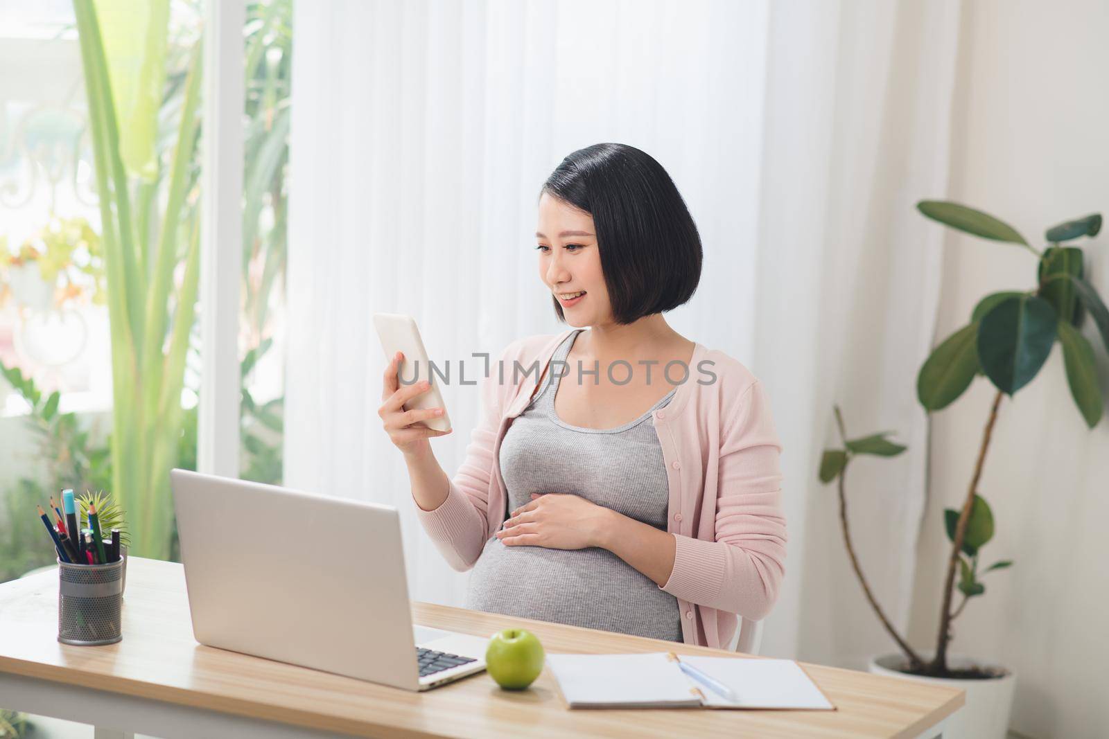 Asian Pregnant hard working, eatting and using the technology laptop together, preparing to be motherhood with good healthy concept