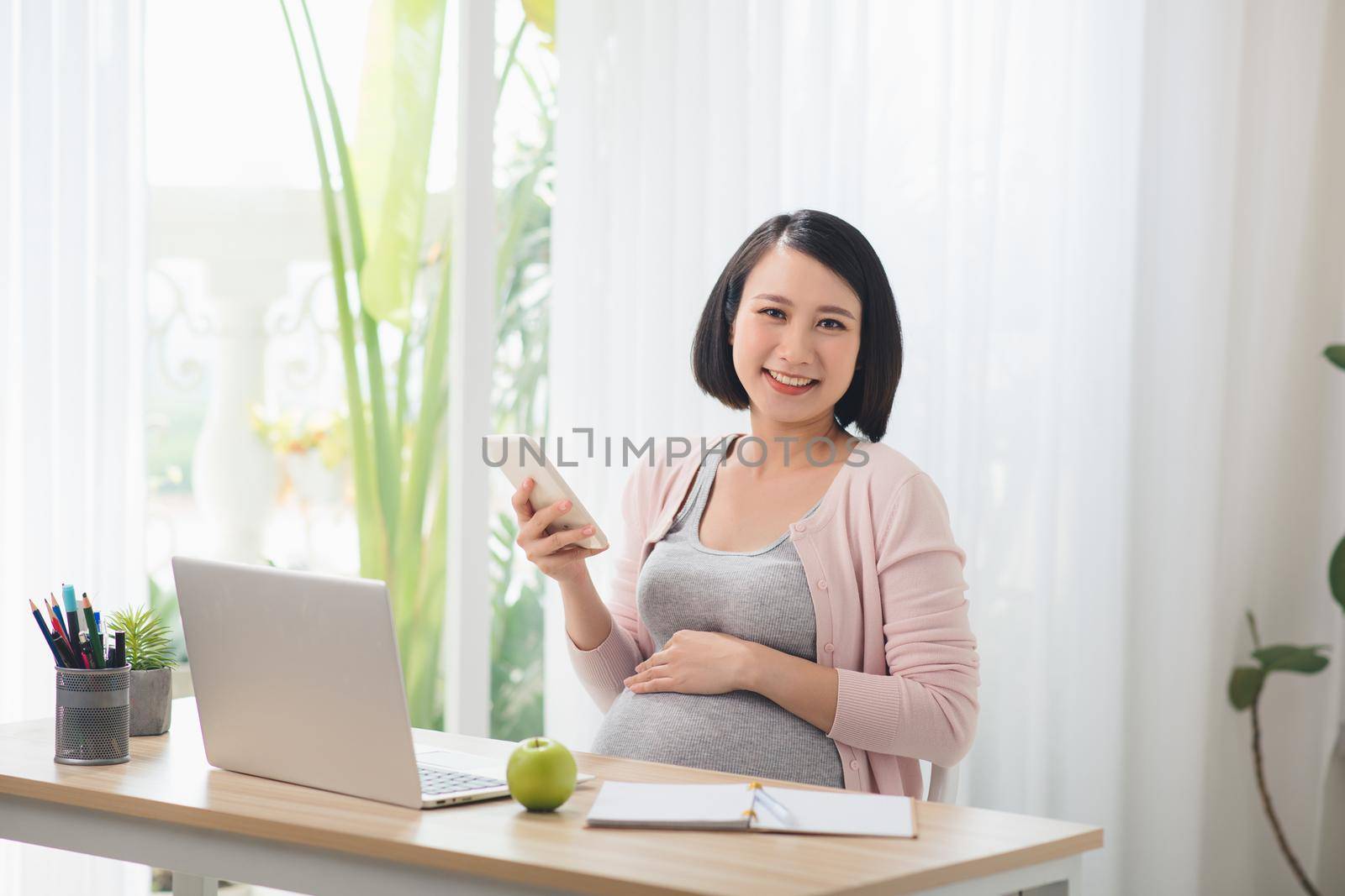 Asian Pregnant hard working, eatting and using the technology laptop together, with green apple for the breakfast