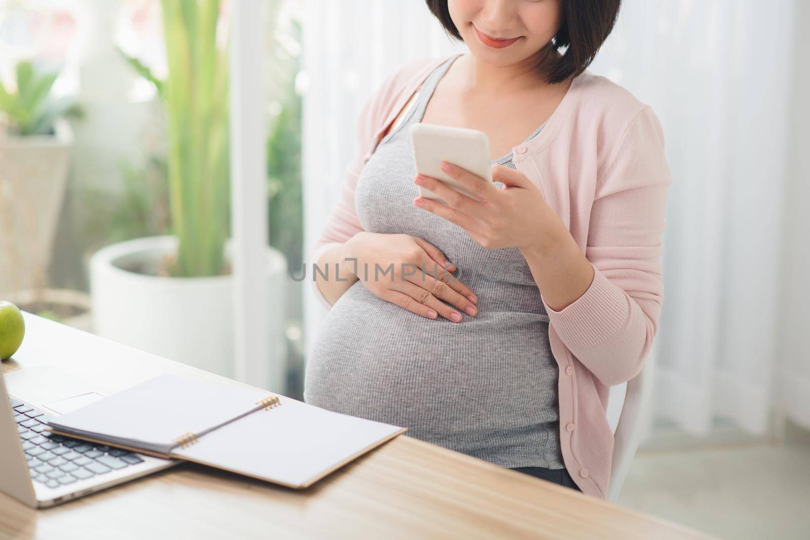 Young pregnant woman working in home office