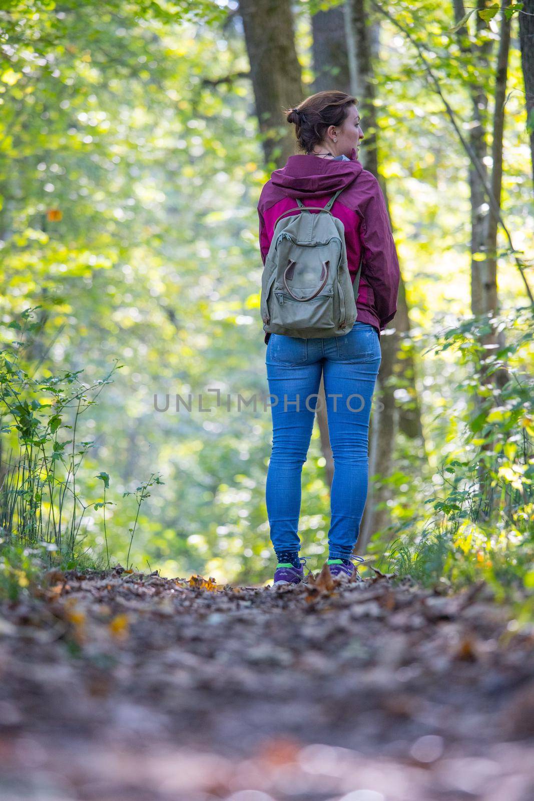 Get your mind free and forest therapy concept: Young girl is hiking through the green forest by Daxenbichler