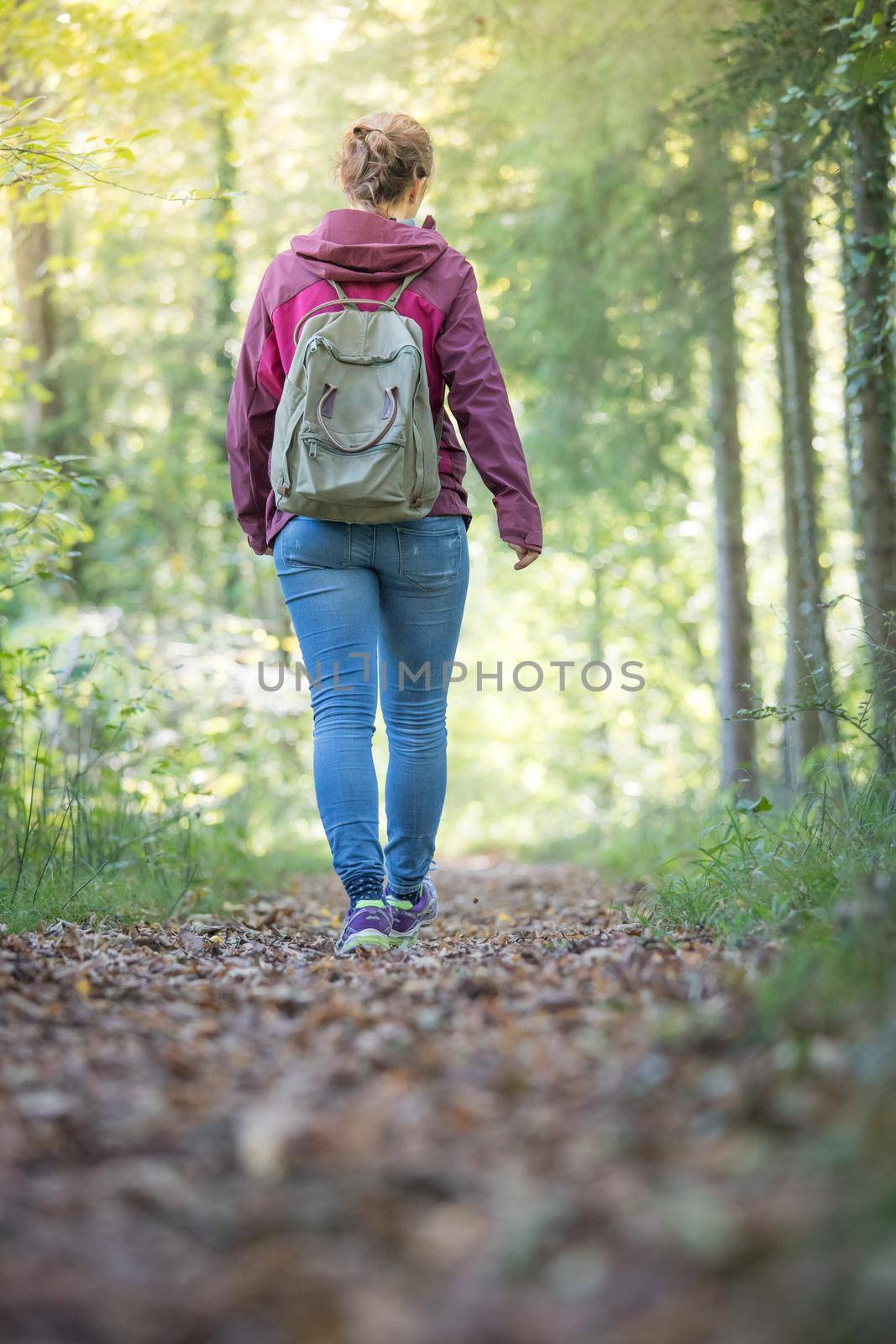 Get your mind free and forest therapy concept: Young girl is hiking through the green forest by Daxenbichler