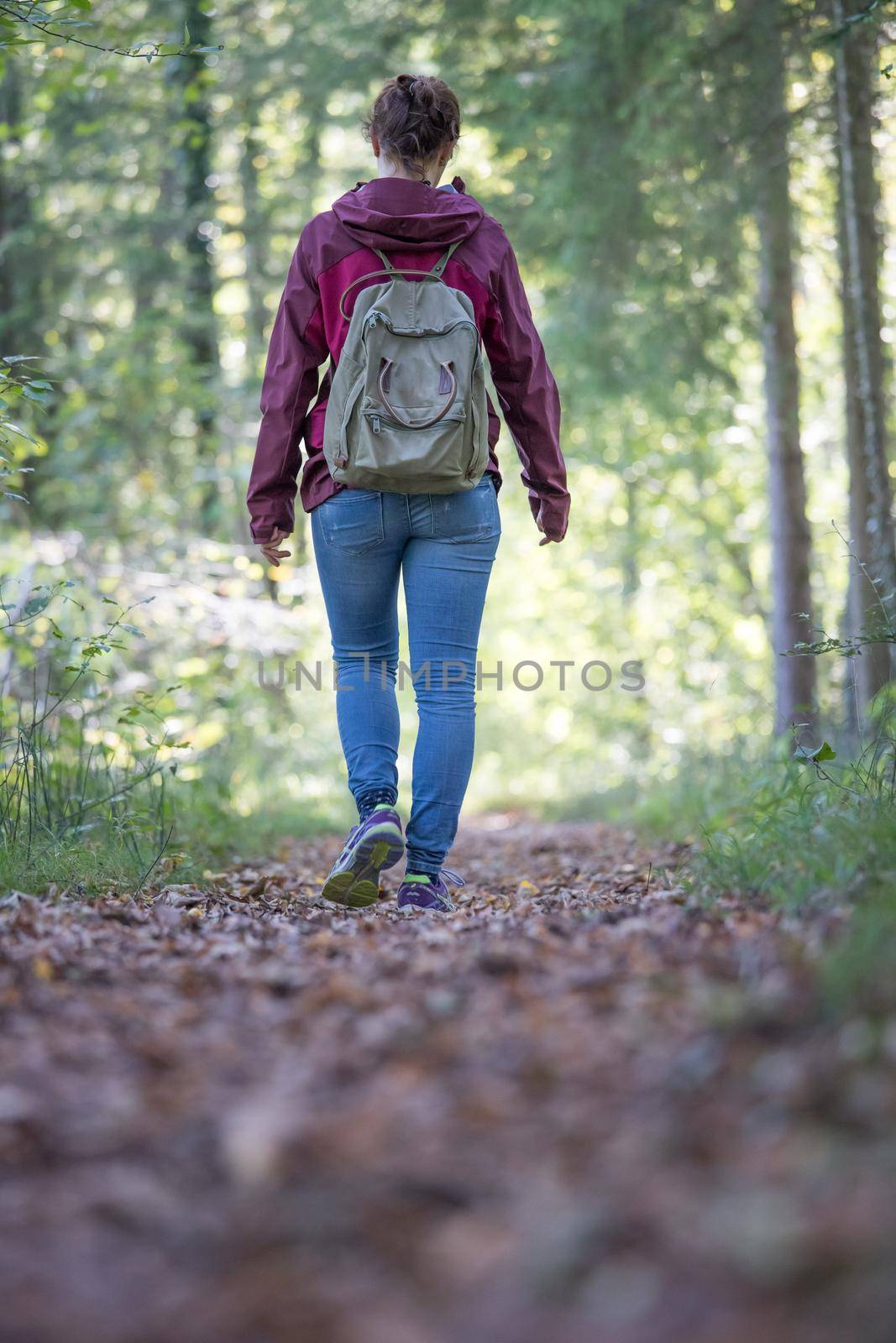 Get your mind free and forest therapy concept: Young girl is hiking through the green forest by Daxenbichler