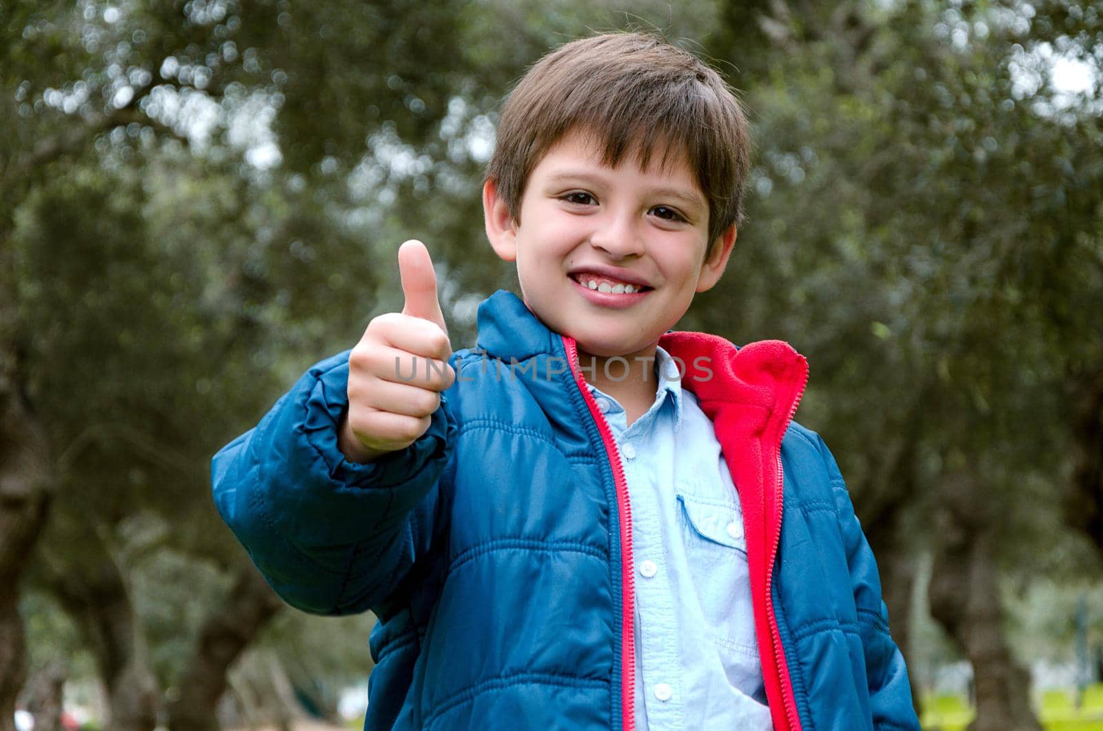 Portrait of a cute blond-haired boy, thumbs up and smile, with green background in the park