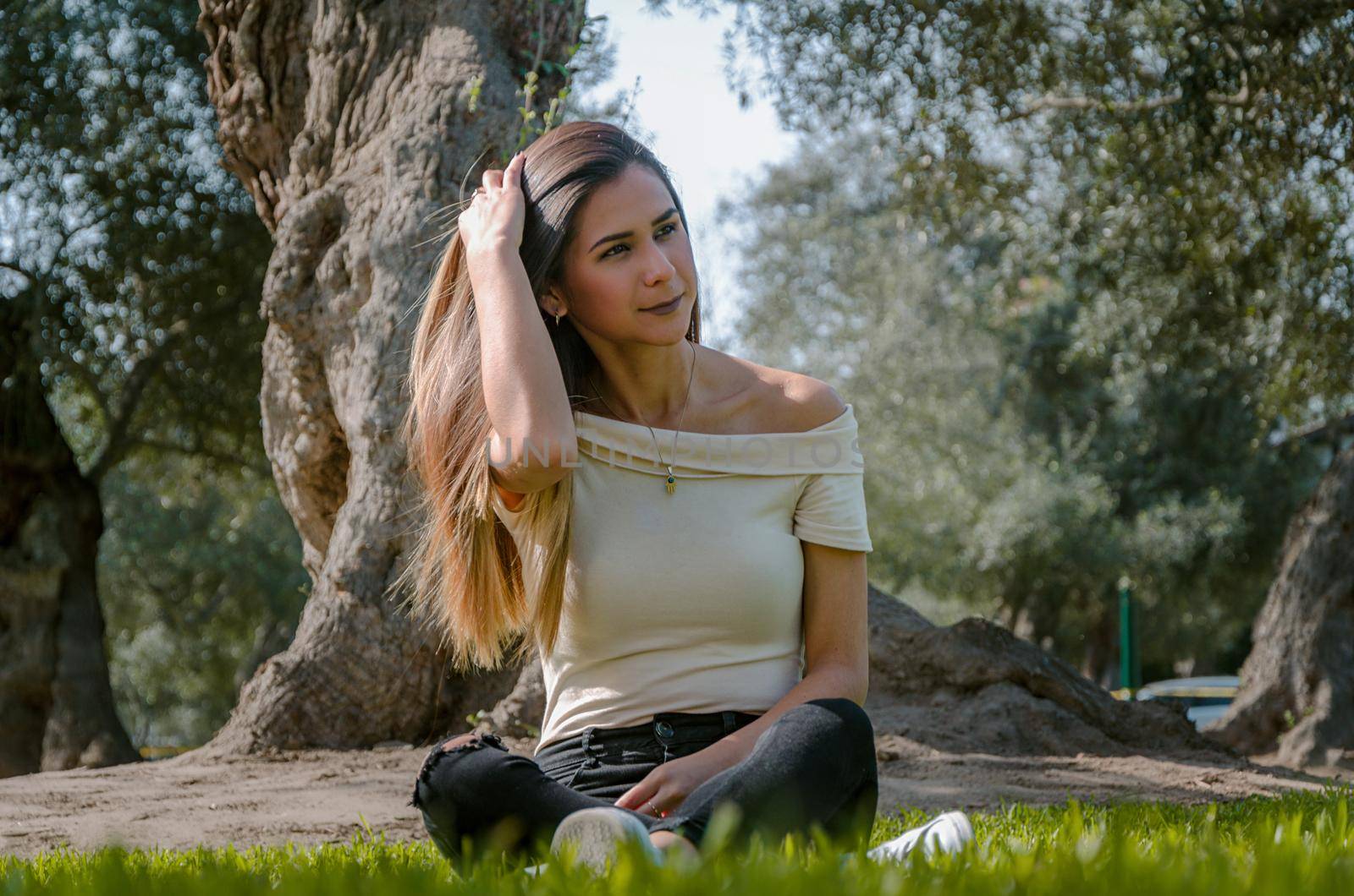 Beautiful brunette woman touching her long hair. She sits in a park on green grass. The image is toned.