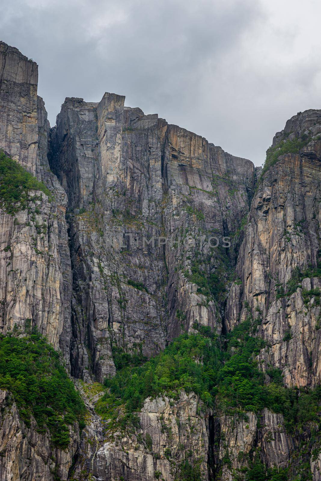 View of the Pulpit Rock - seen from Lysefjorden. Pulpit Rock is one of the most visited places in Norway, and gives a spectacular view of the fjords and mountains.