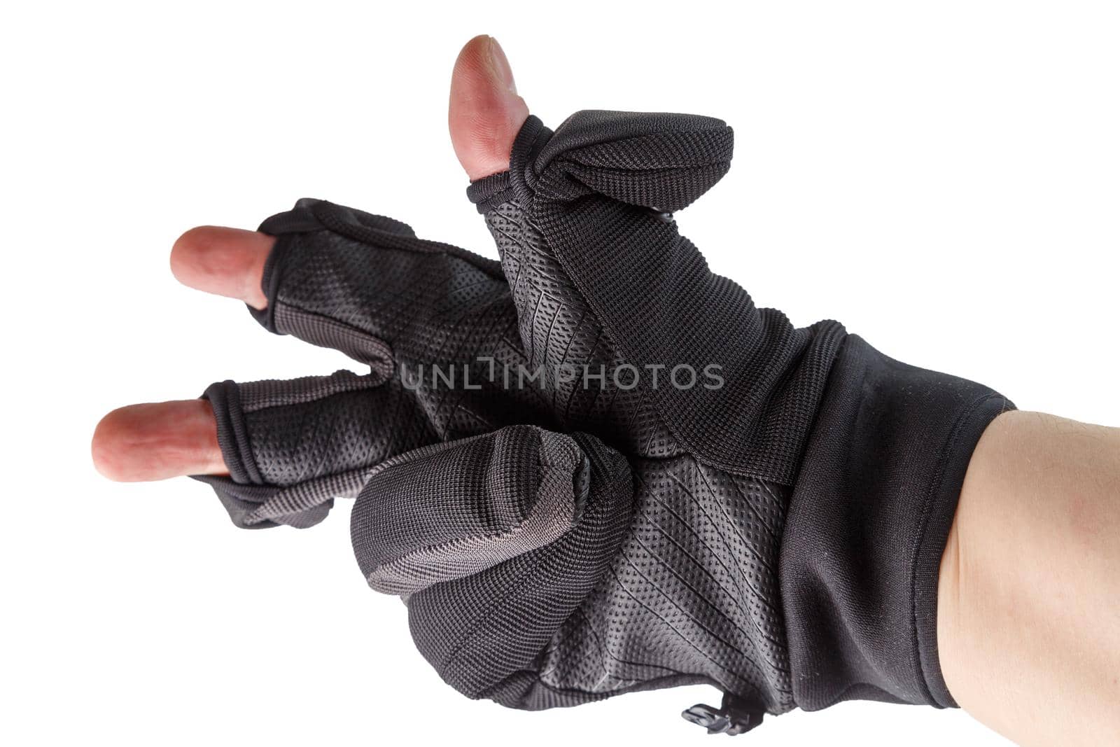 black professional photographic glove with flipping fingers on white hand isolated on white background.