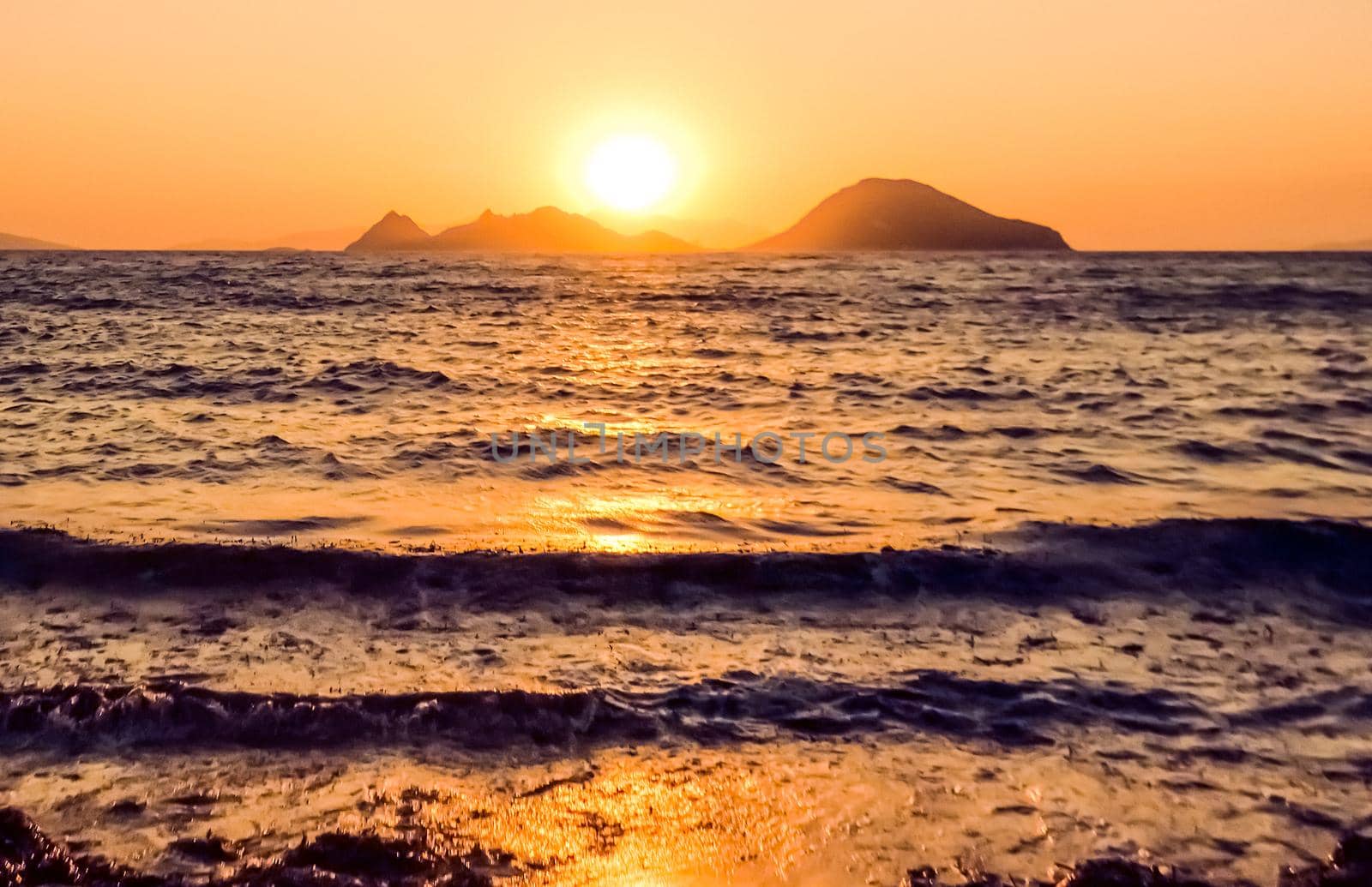 Nature, twilight and vintage beach holiday concept - Summer sunset at the Mediterranean sea coast, seascape and mountain view