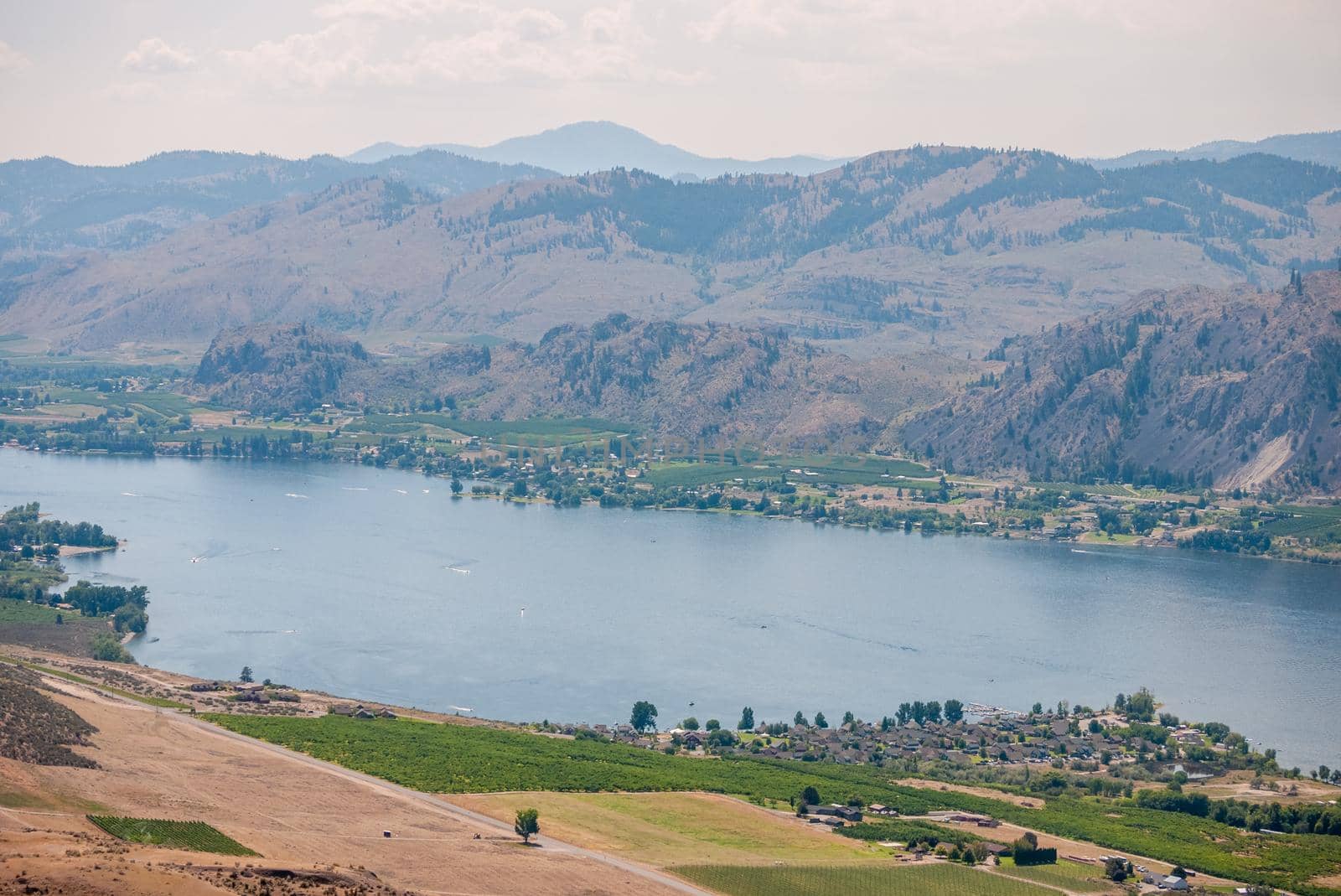 Okanagan valley in smog of wildefires in 2018. Osoyoos. British Columbia, Canada.