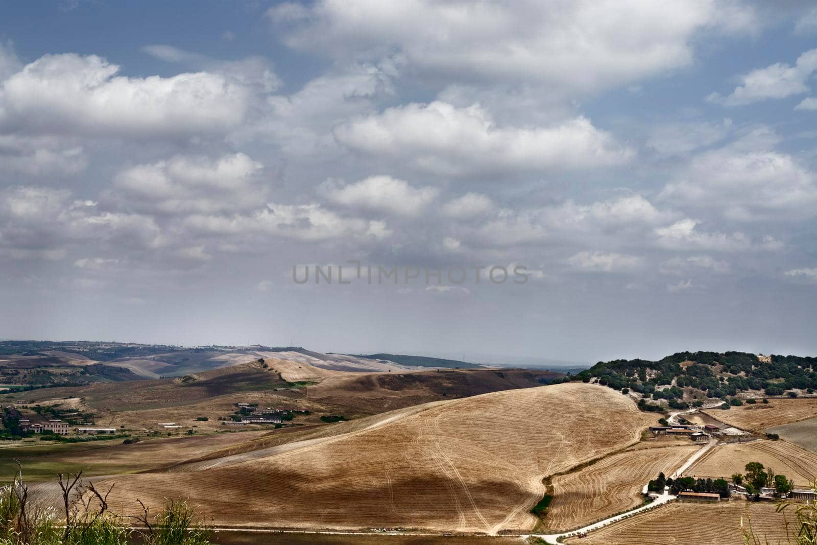 Landscape of cultivated fields  near Tarquinia -Italy - it’s a bright sunny day with cloudy sky