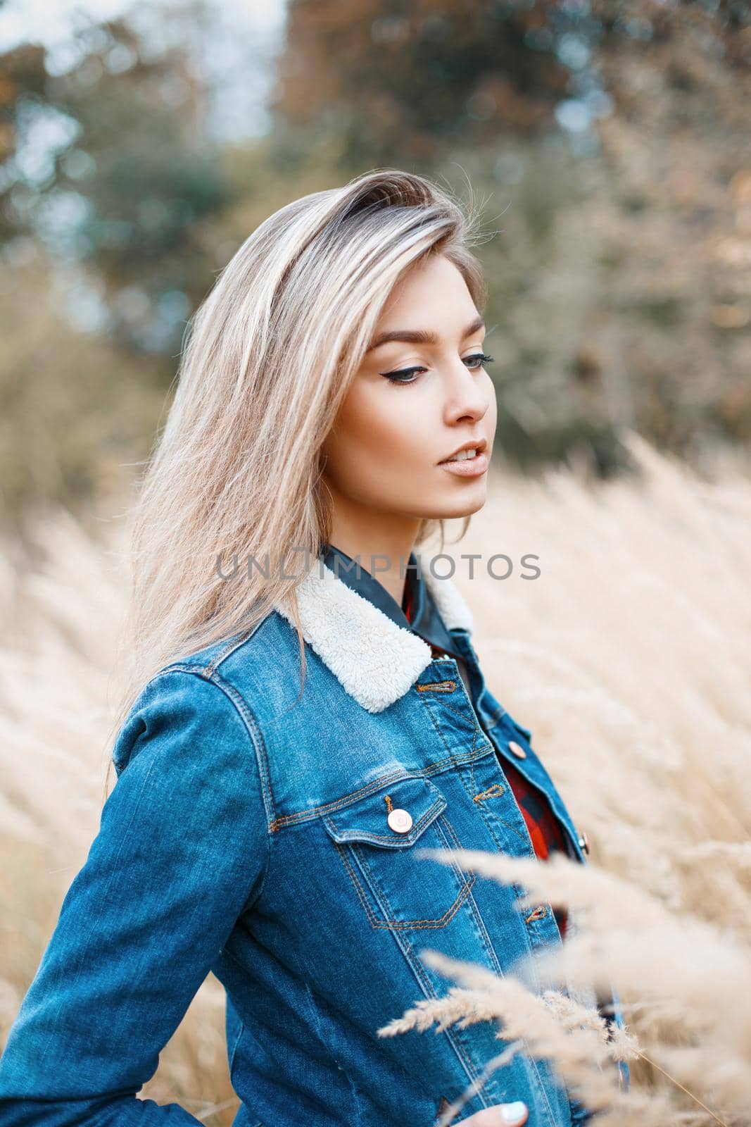 Pretty woman in denim dress on a background of the autumn field by alones