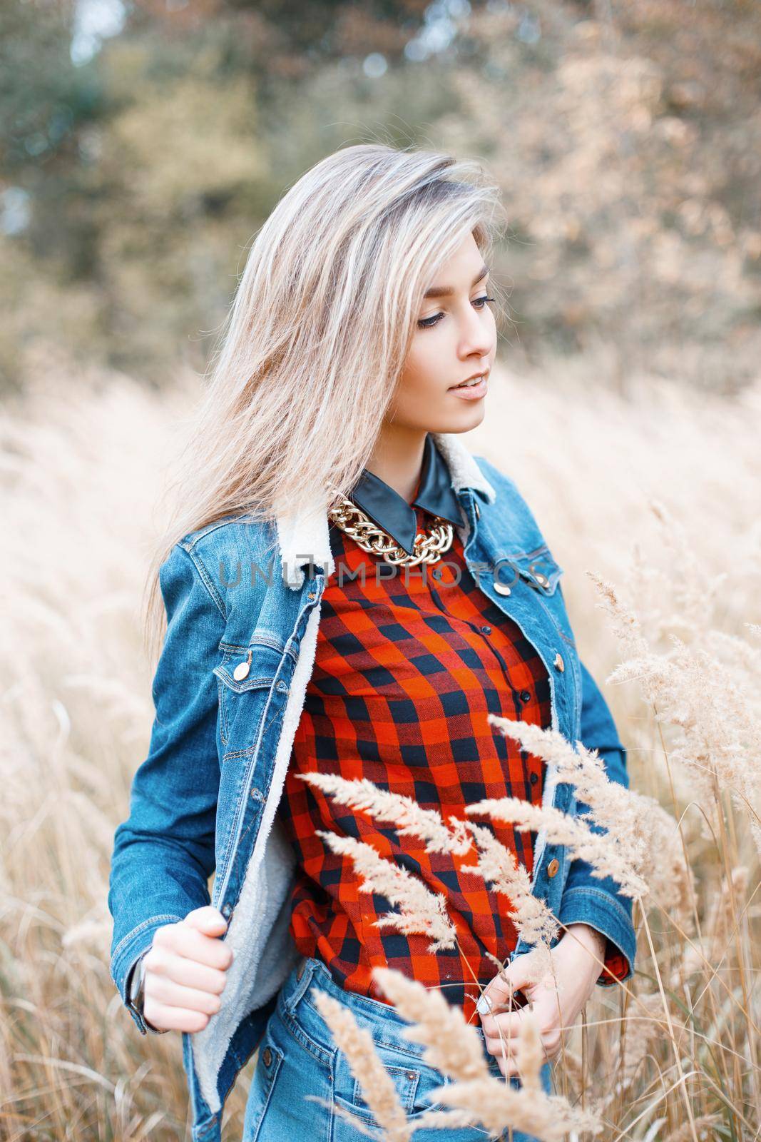 Fashionable stylish girl in a denim dress and a red checkered shirt in the autumn field with grass by alones