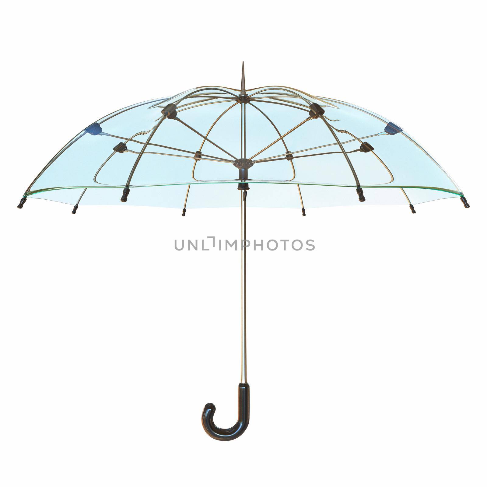 Opened transparent umbrella 3D render illustration isolated on white background