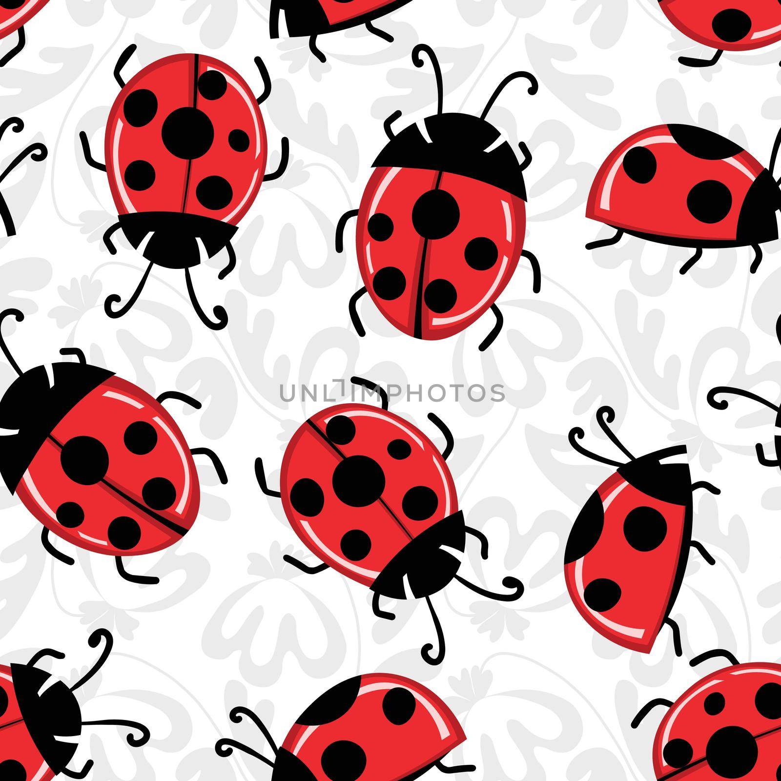 Fashion animal seamless pattern with colorful ladybird on white background. Cute holiday illustration with ladybags for baby. Design for invitation, poster, card, fabric, textile by allaku