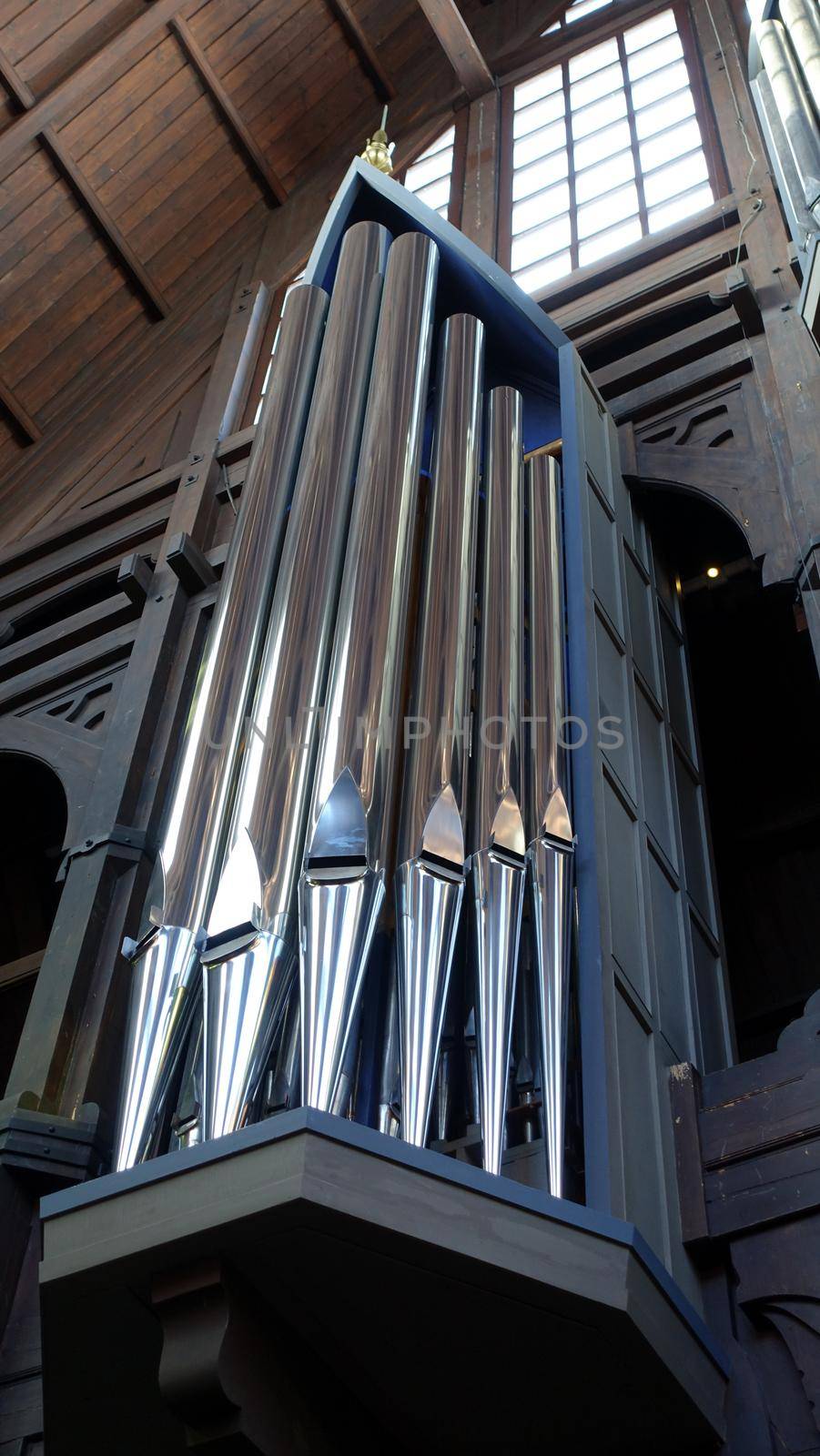 Detail of a pipe organ of a church in a small town in northern Sweden