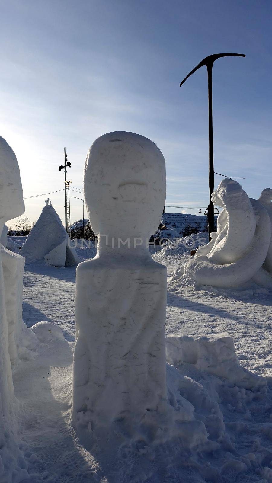 Kiruna, Sweden, February 23, 2020. Art, ice sculptures in a square in the snowy center of Kiruna in northern Sweden during the winter