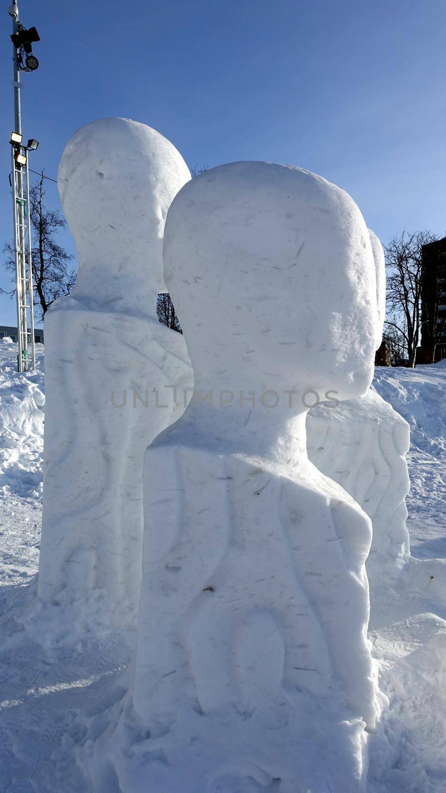 Kiruna, Sweden, February 23, 2020. Art, ice sculptures in a square in the snowy center of Kiruna in northern Sweden during the winter