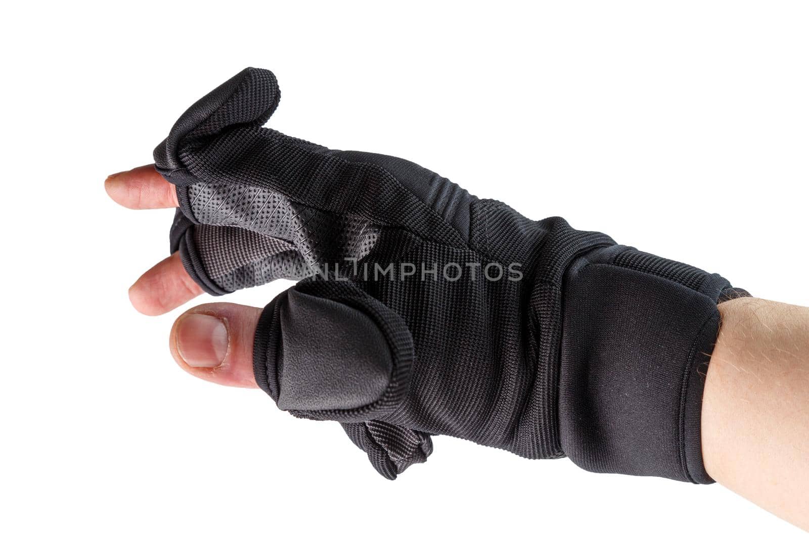 black professional photographic glove with flipping fingers on white hand isolated on white background.