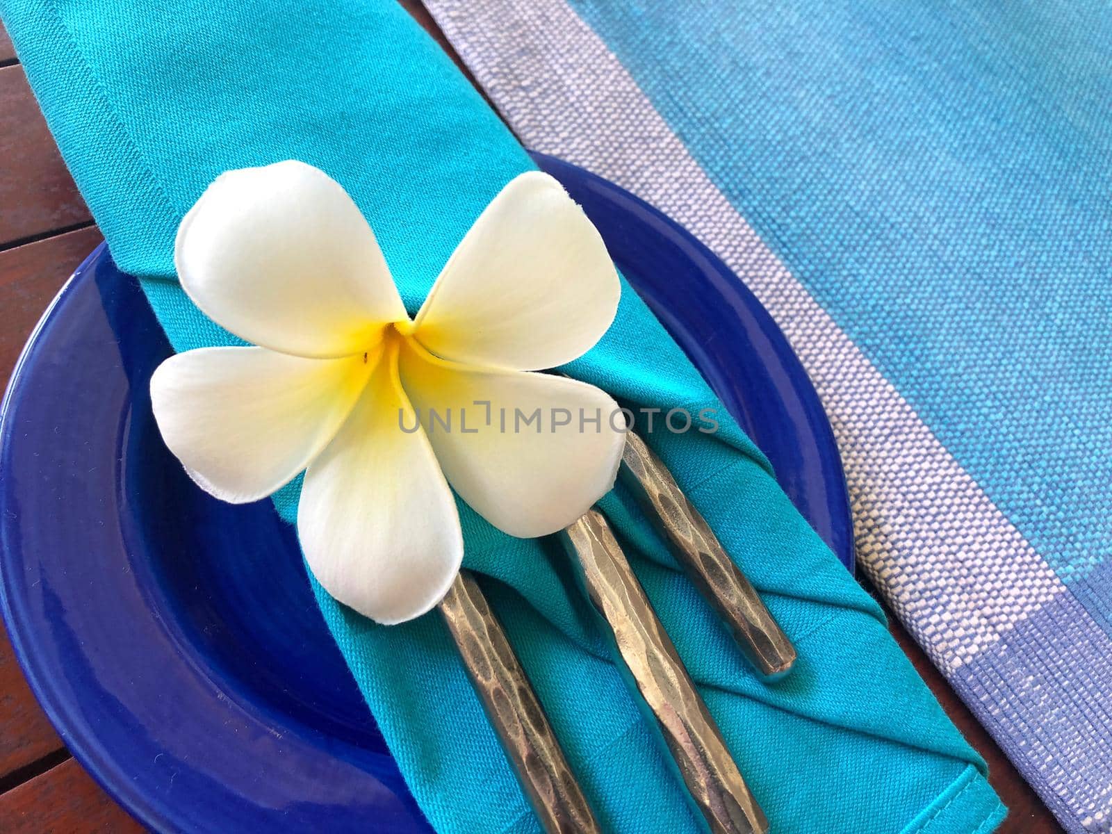 Food decoration with white plumeria rubra flower,  Sri Lanka. Blue food decoration.