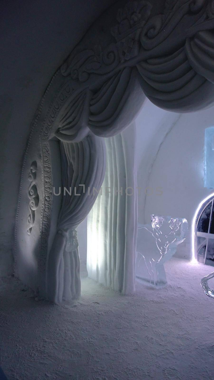 Jukkasjarvi, Sweden, February 27, 2020. one of the sculptures of the ice hotel