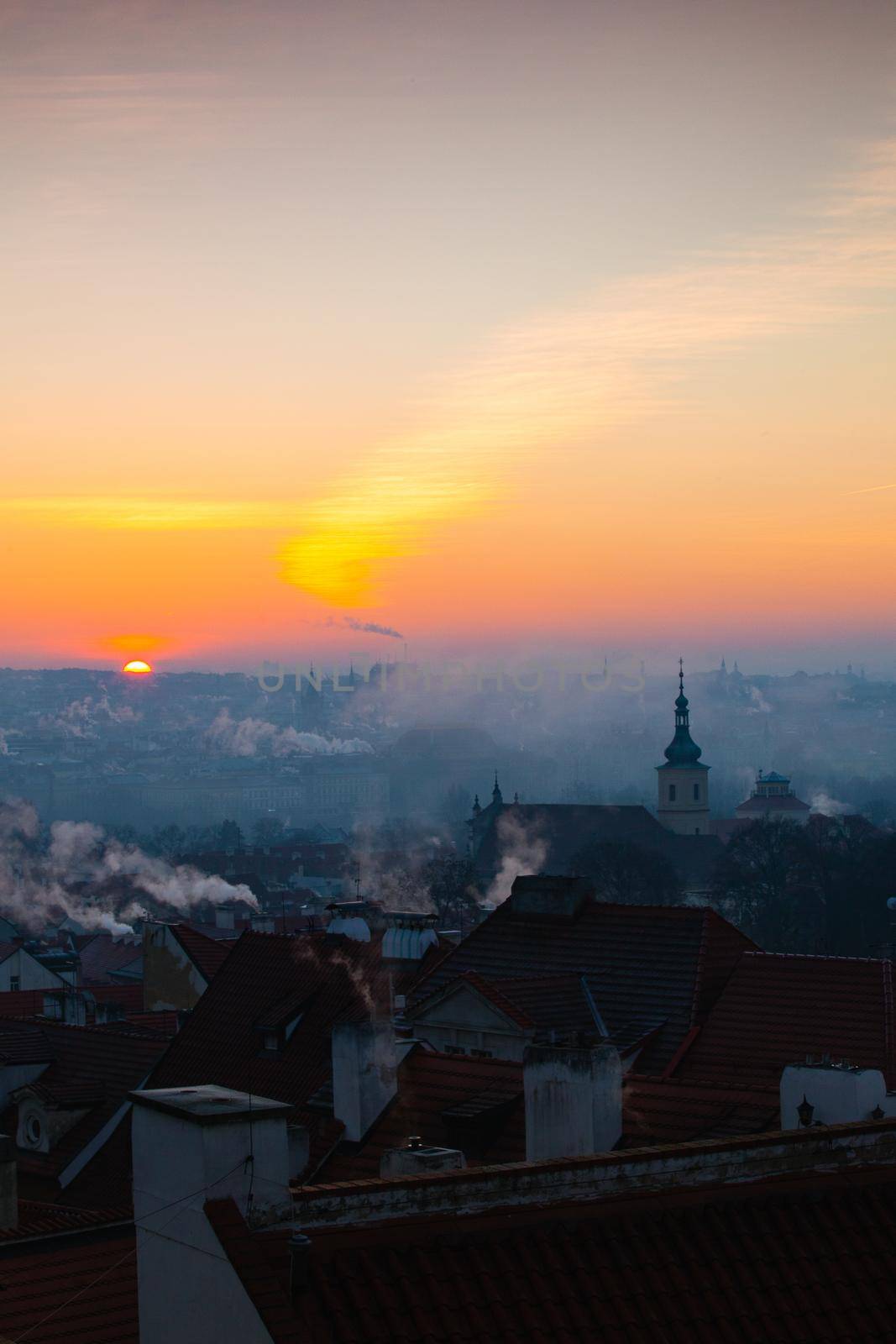 Sunrise over Lesser Town, Prague, Czech Republic. Lesser Town is a hillside area with views across the Vltava river to the old town.
