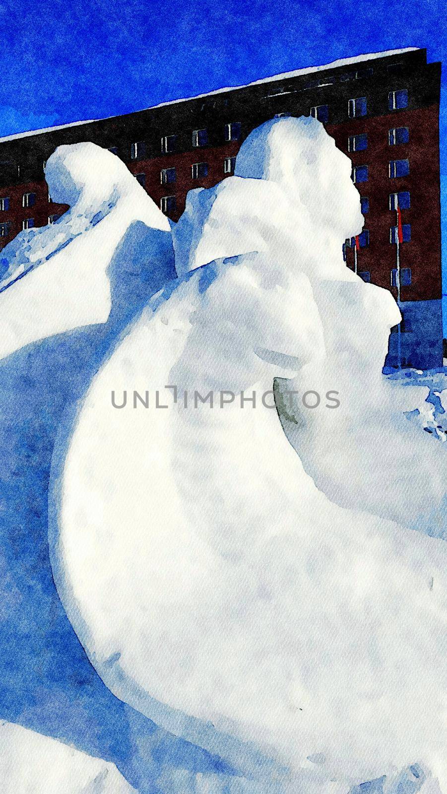 Kiruna, Sweden, February 25, 2020. Watercolor representing ice sculptures in the public park of the city of Kiruna