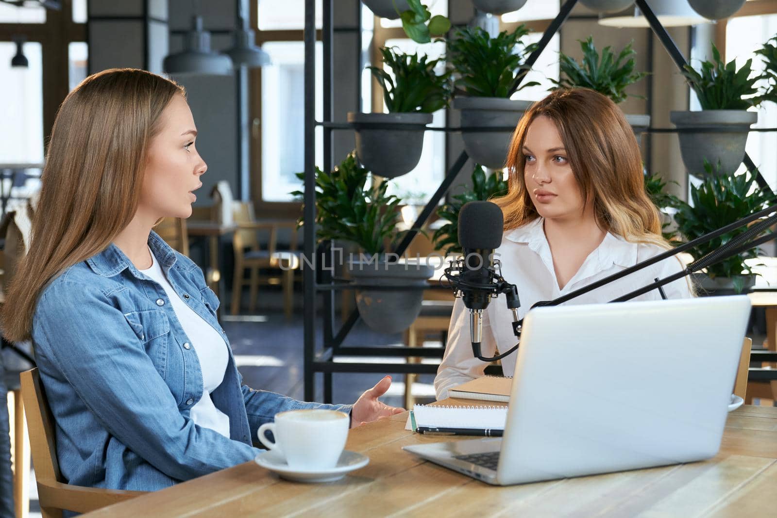 Side view of two young blogger women communicating about different topics with modern laptop and microphone. Concept of sitting in cafe and talking on broadcast by laptop for followers. 