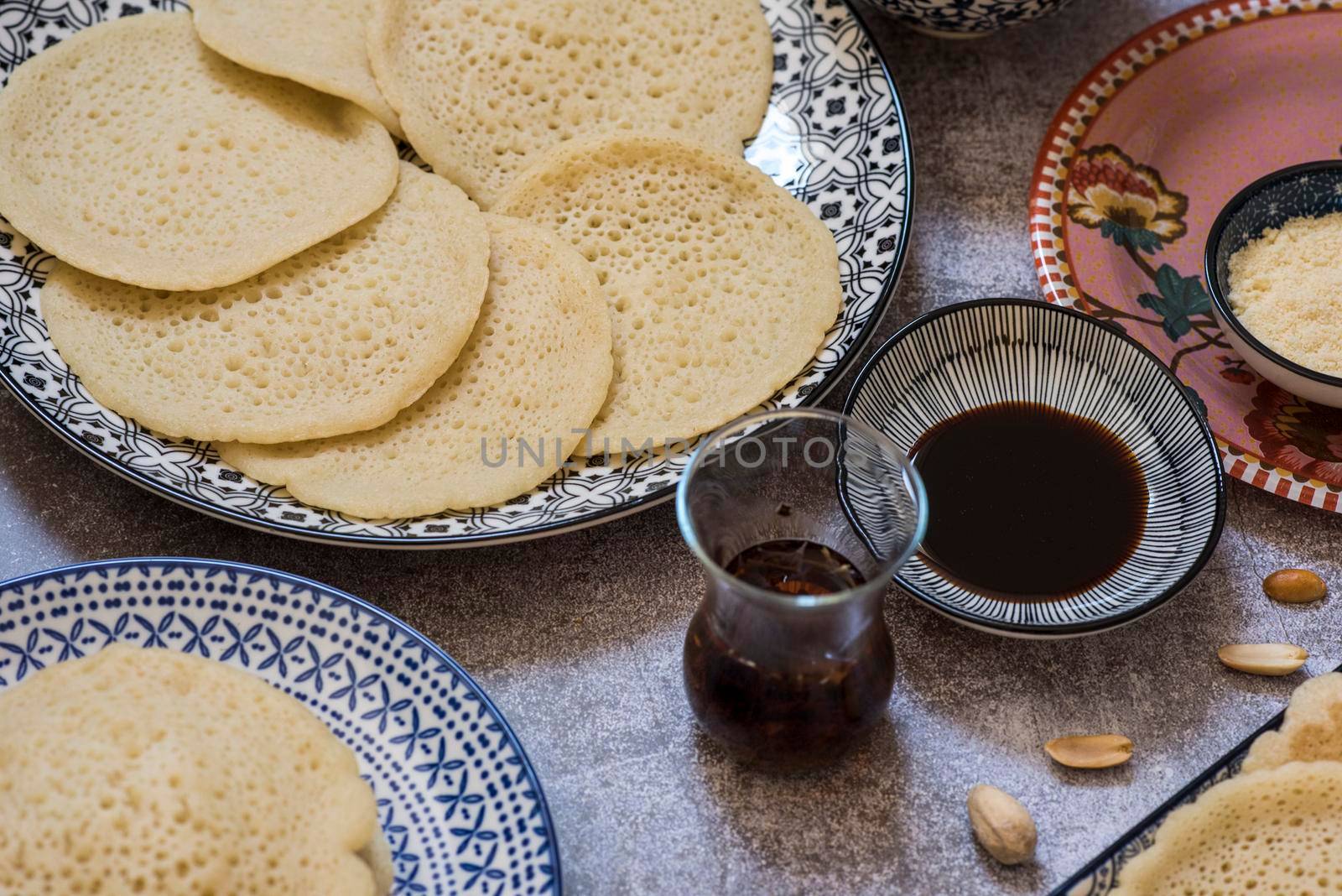 Beautiful traditional Moorish porcelain ceramic plates. illustrated middle eastern design. Marrakech Morocco. High quality photo