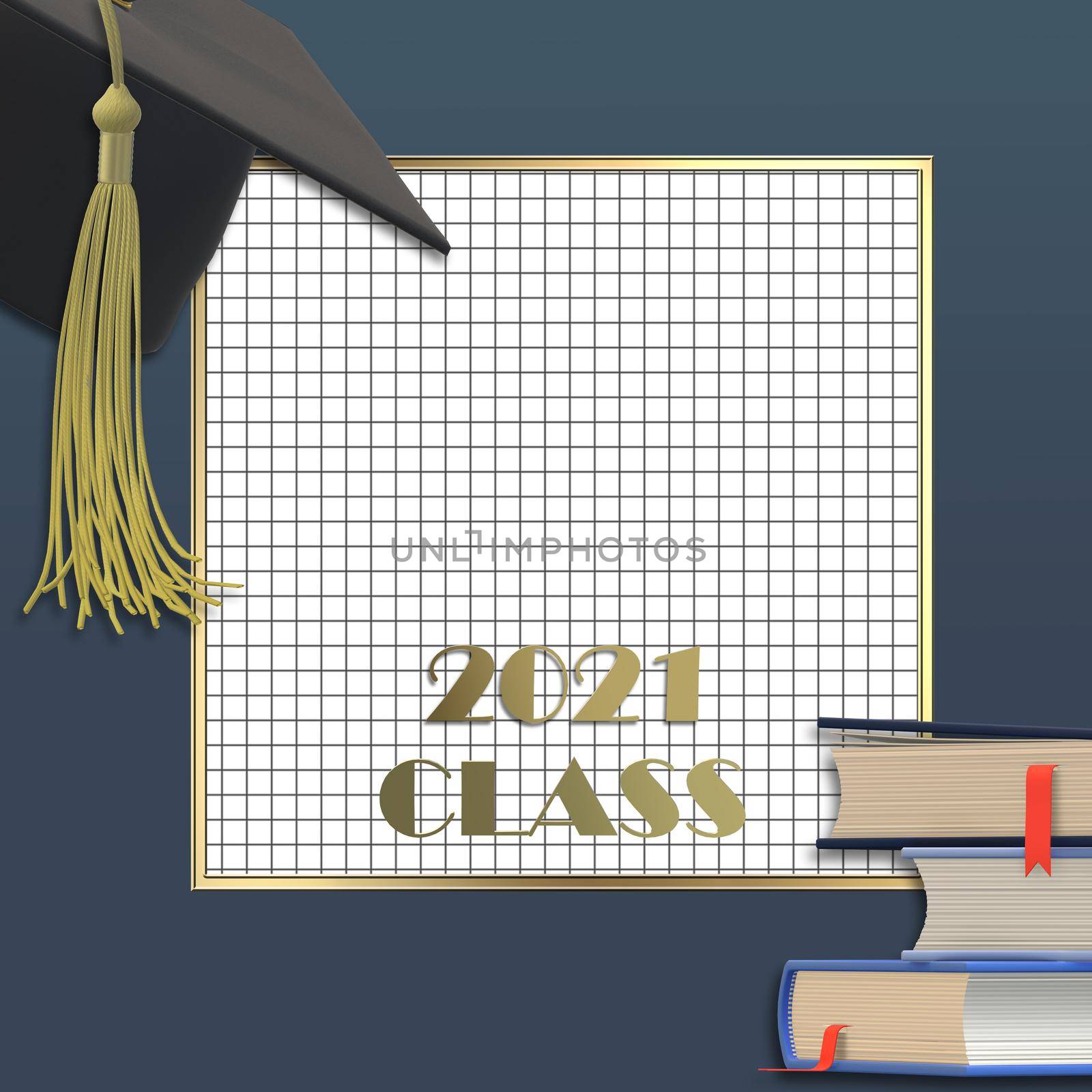 Graduation 2021 cap with tassel. Class of 2021 year on squared graph grid paper, pile of books Education concept, isolated. Place for text, copy space. 3D illustration