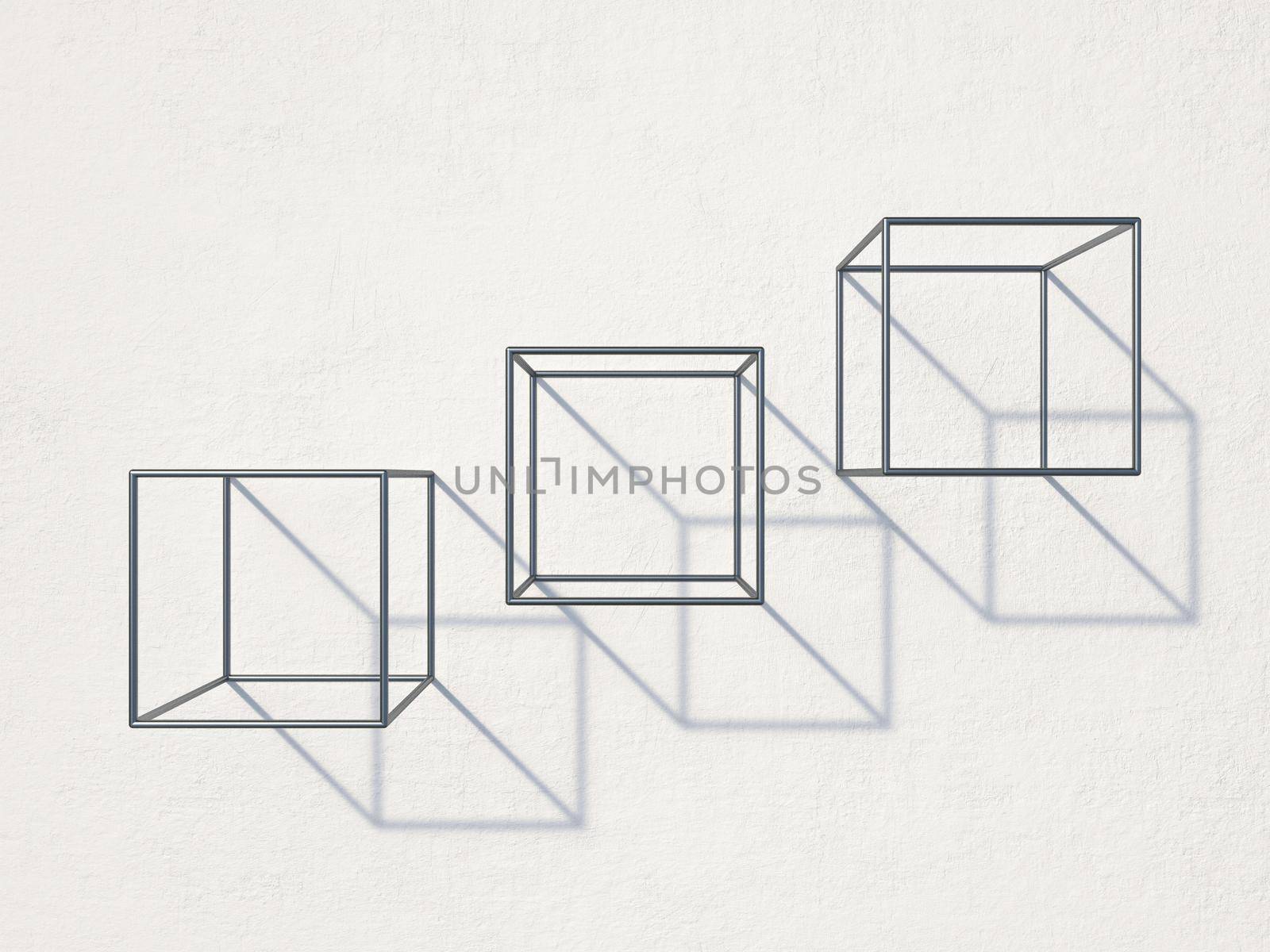 Three metal cubes with shadows 3D render illustration isolated on white background